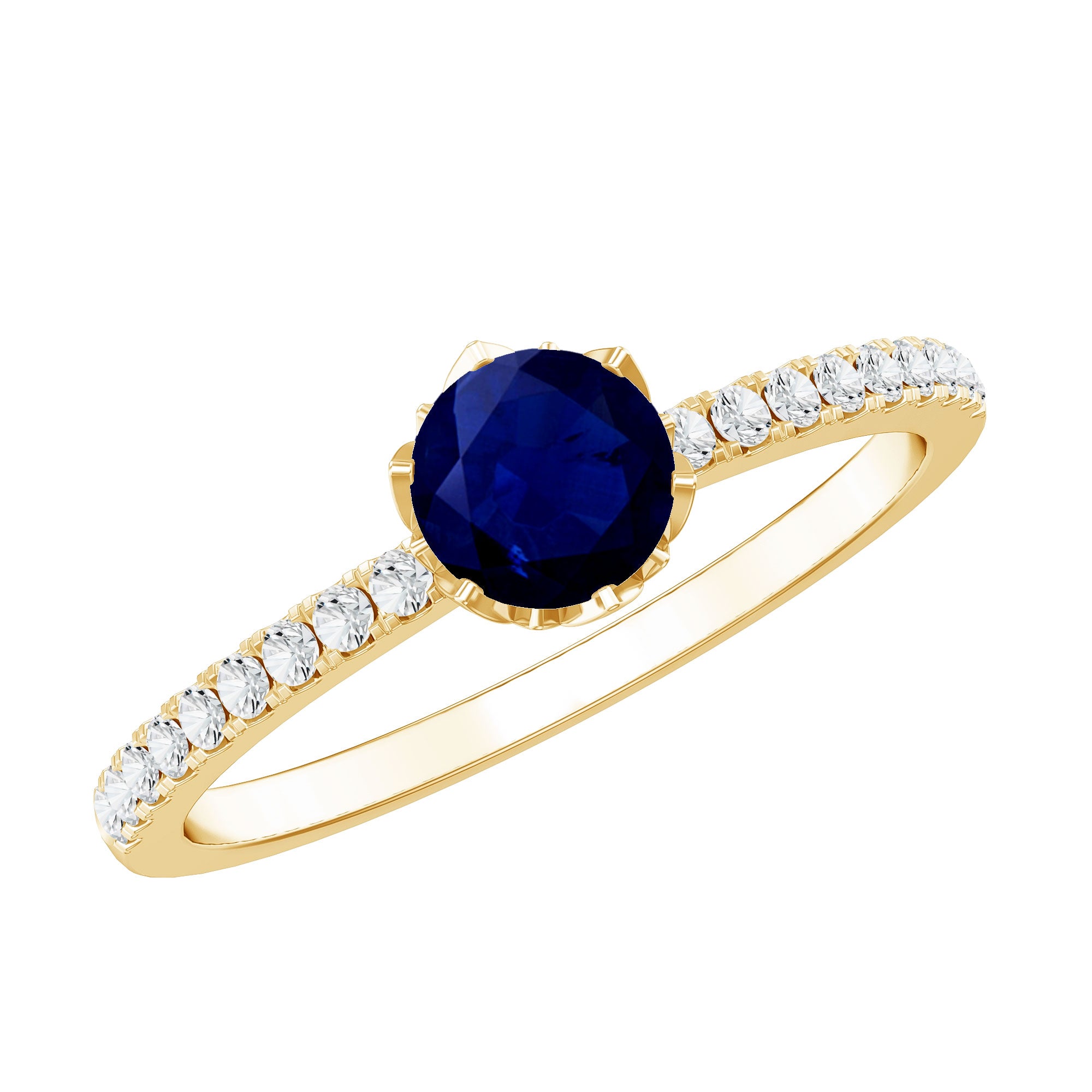 Rosec Jewels-Lotus Basket Set 0.9 Carat Blue Sapphire Solitaire Promise Ring with Diamond
