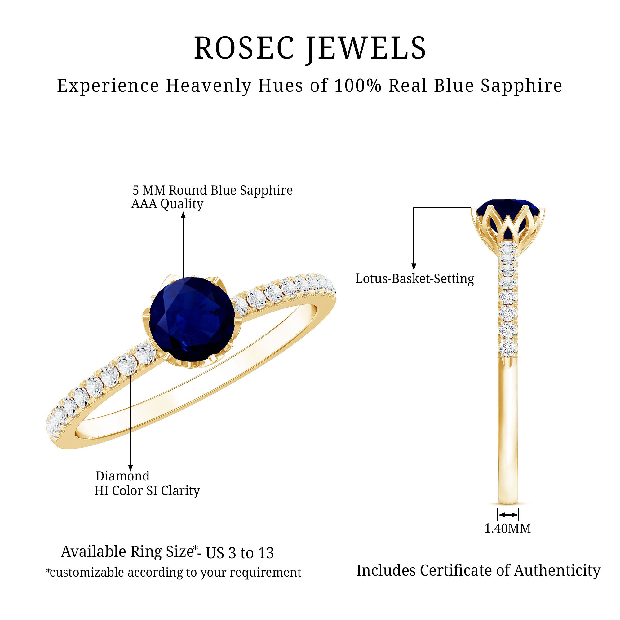 Rosec Jewels-Lotus Basket Set 0.9 Carat Blue Sapphire Solitaire Promise Ring with Diamond