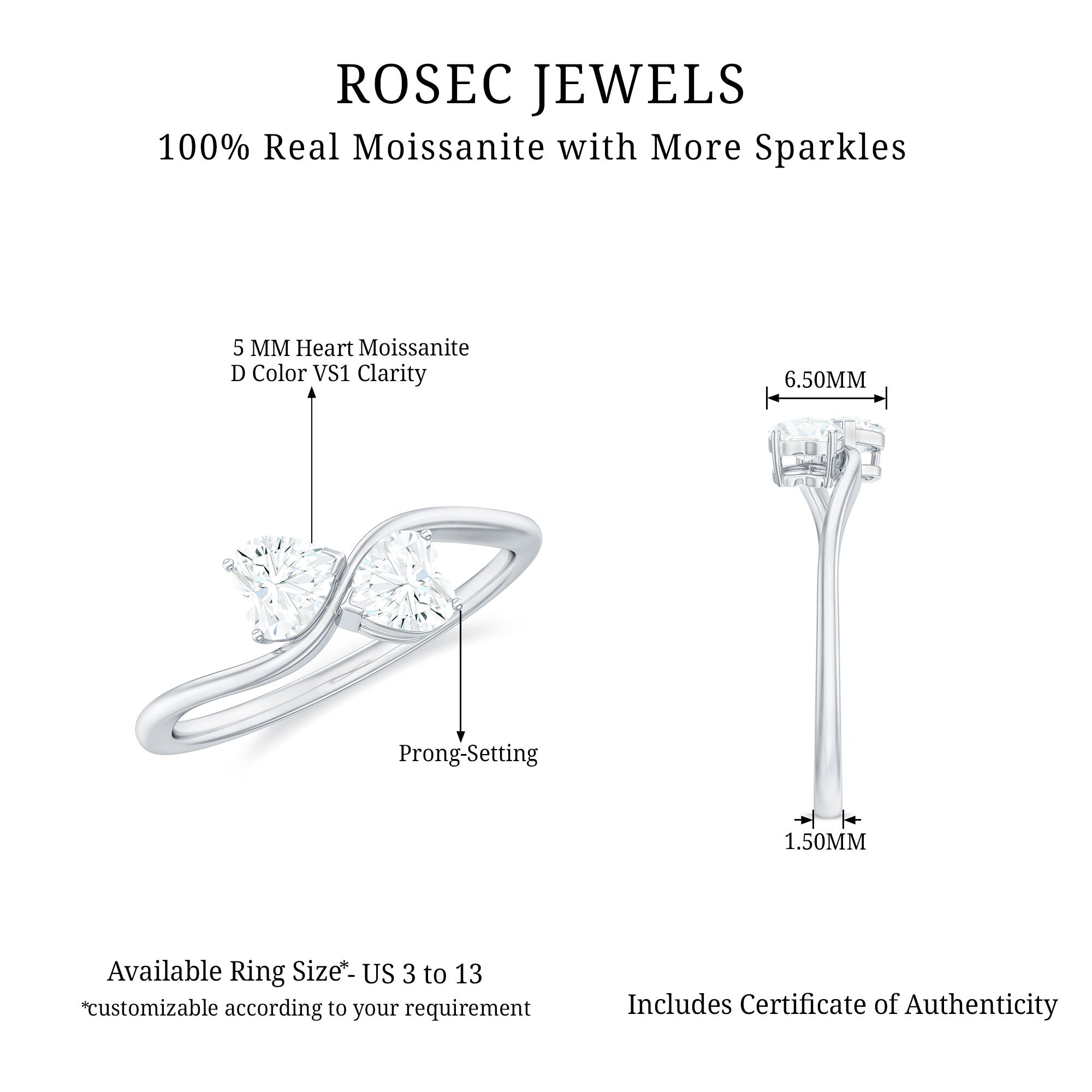 1 CT Heart Shape Moissanite Toi Et Moi Promise Ring D-VS1 - Rosec Jewels