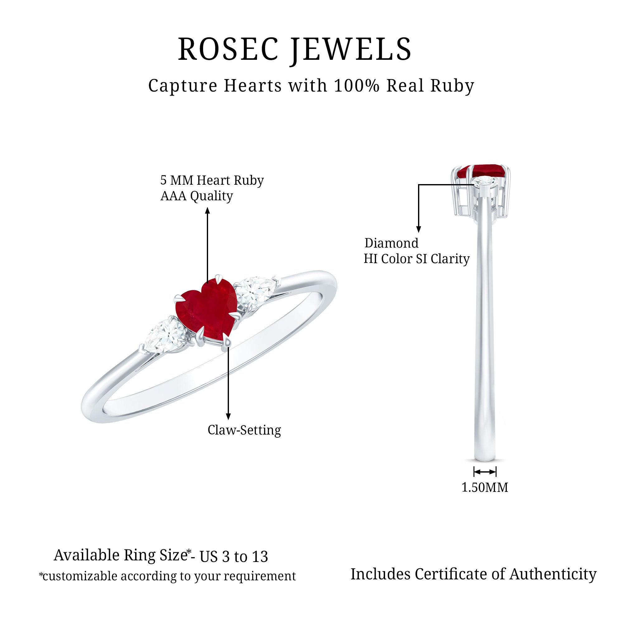 Natural 0.6 Carat Heart Shape Ruby Diamond 3 Stone Promise Ring AAA - Rosec Jewels