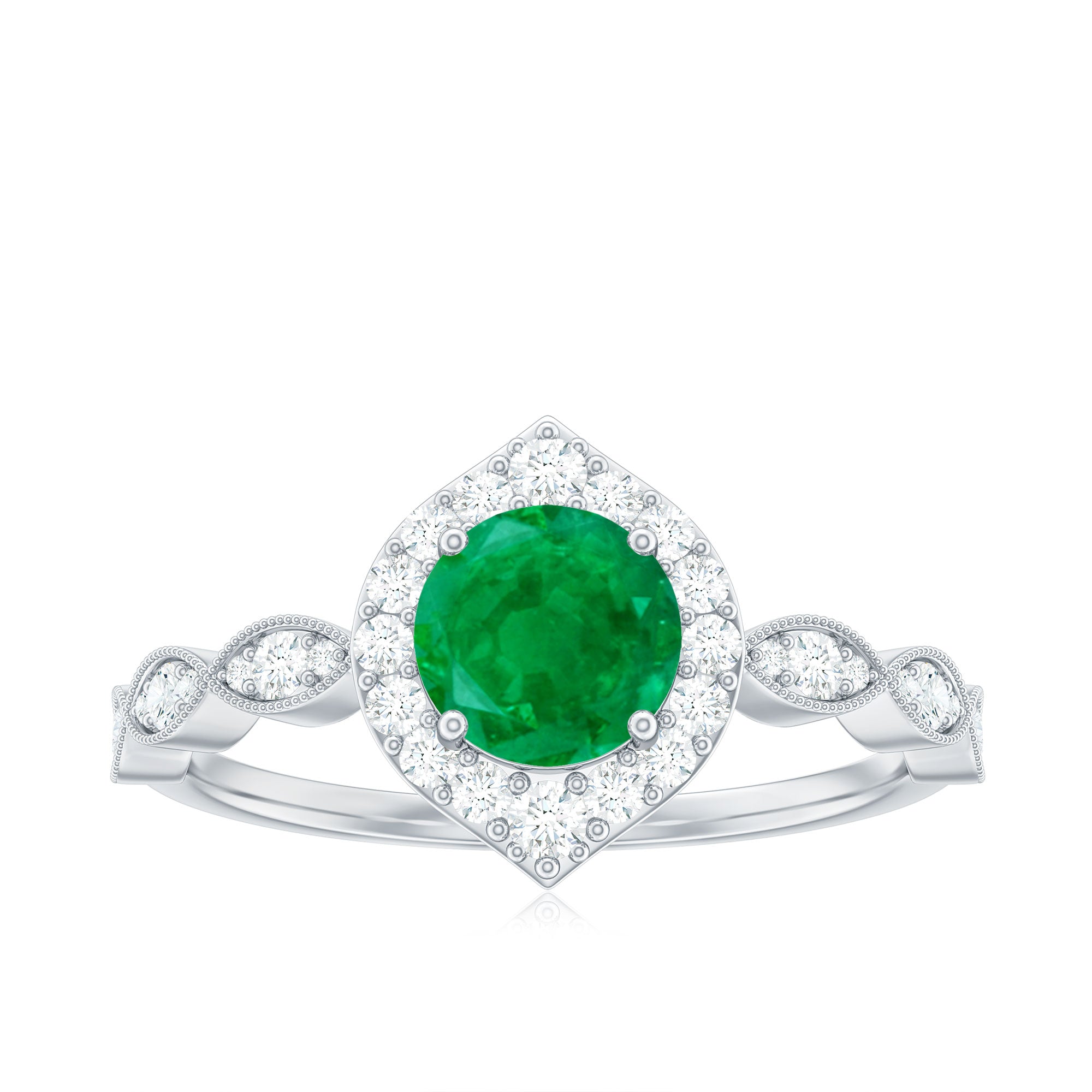 Natural Emerald Vintage Looking Engagement Ring with Diamond Halo AAA - Rosec Jewels