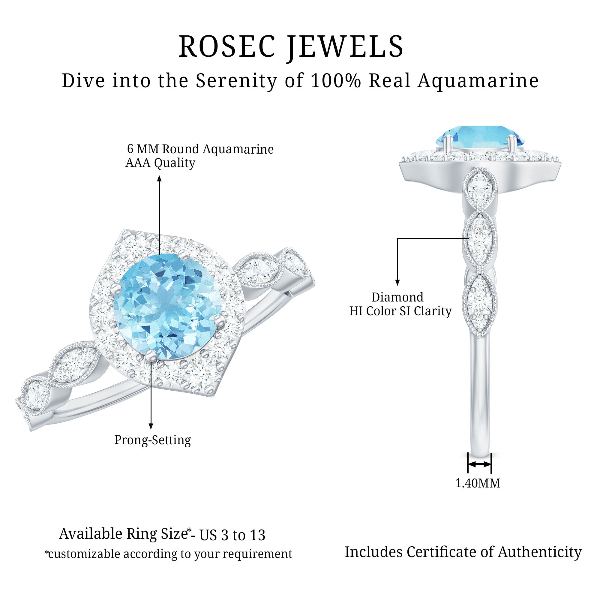 0.8 Carat Aquamarine and Diamond Designer Engagement Ring AAA - Rosec Jewels