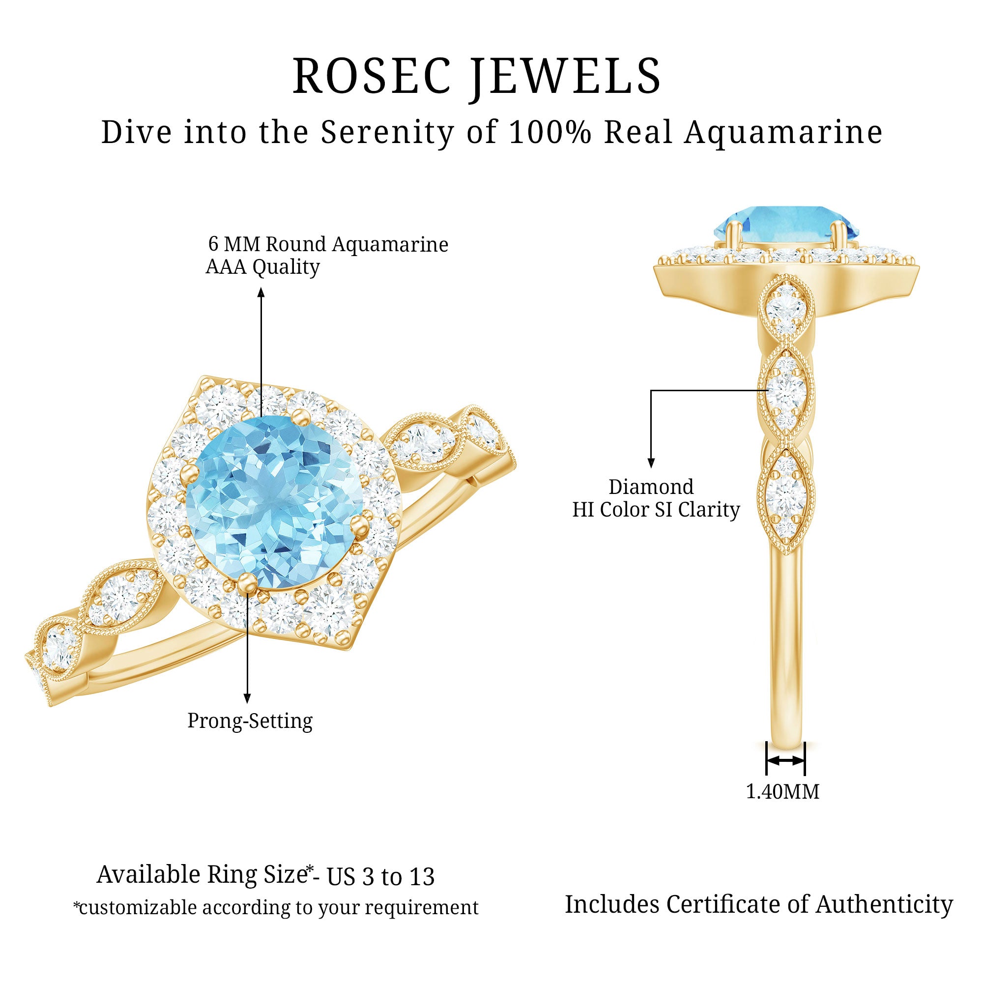 0.8 Carat Aquamarine and Diamond Designer Engagement Ring AAA - Rosec Jewels