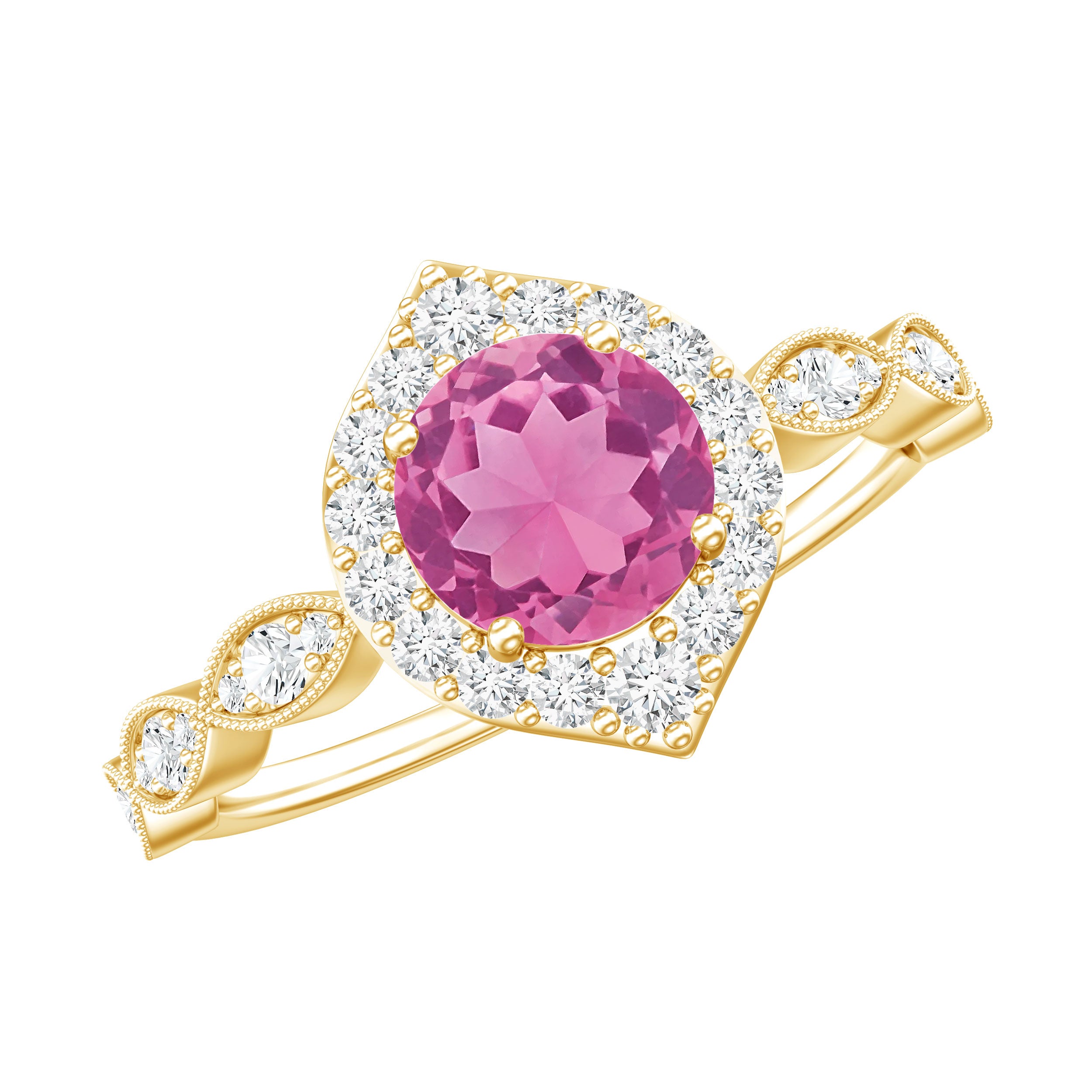 Genuine Pink Tourmaline Vintage Engagement Ring with Diamond AAA - Rosec Jewels