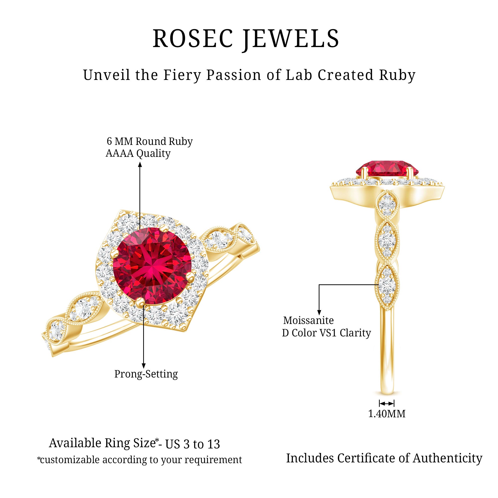 Rosec Jewels-Vintage Style 1.3 Carat Lab Grown Ruby Engagement Ring with Diamond
