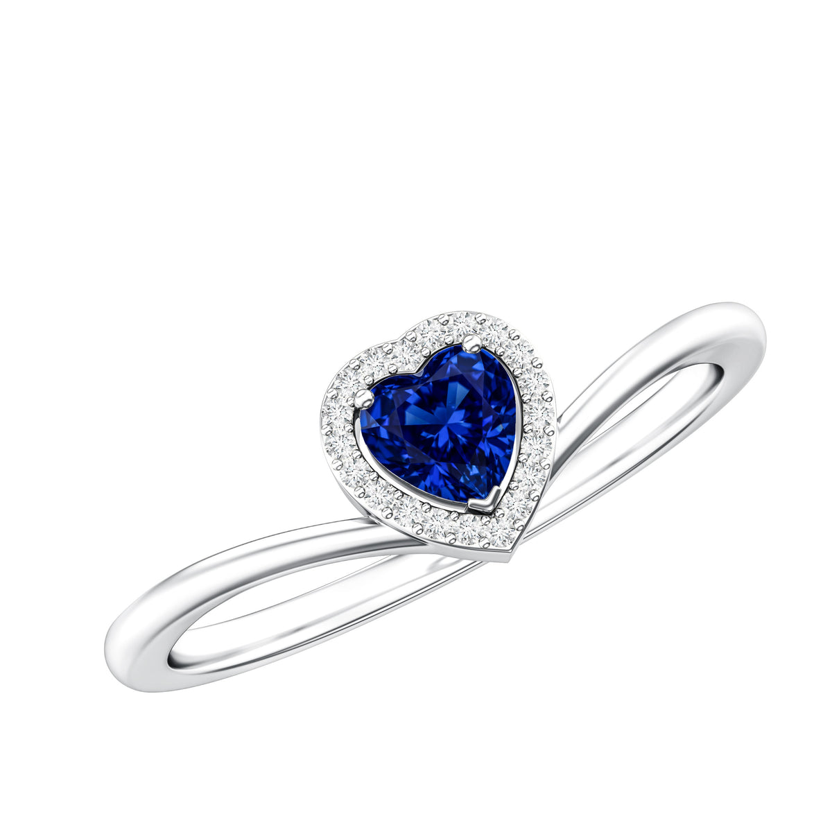 Lab Grown Blue Sapphire Heart Promise Ring with Diamond Halo AAAA - Rosec Jewels