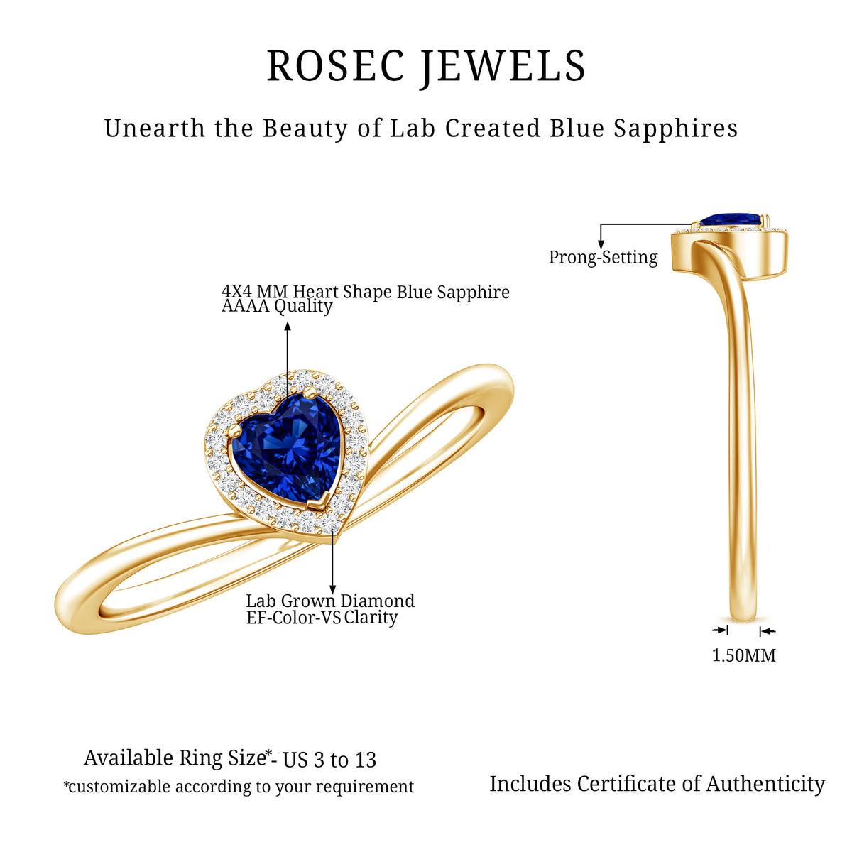 Lab Grown Blue Sapphire Heart Promise Ring with Diamond Halo AAAA - Rosec Jewels