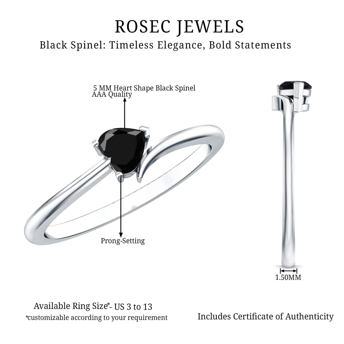 Natural Black Spinel Heart Promise Ring in East West Style AAA - Rosec Jewels