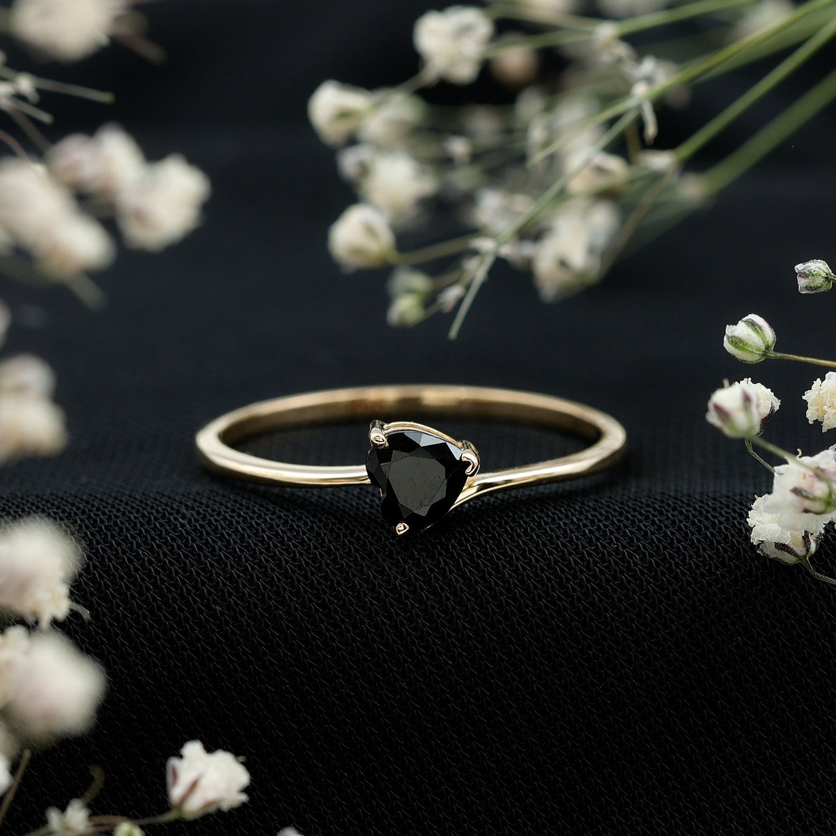 Natural Black Spinel Heart Promise Ring in East West Style AAA - Rosec Jewels