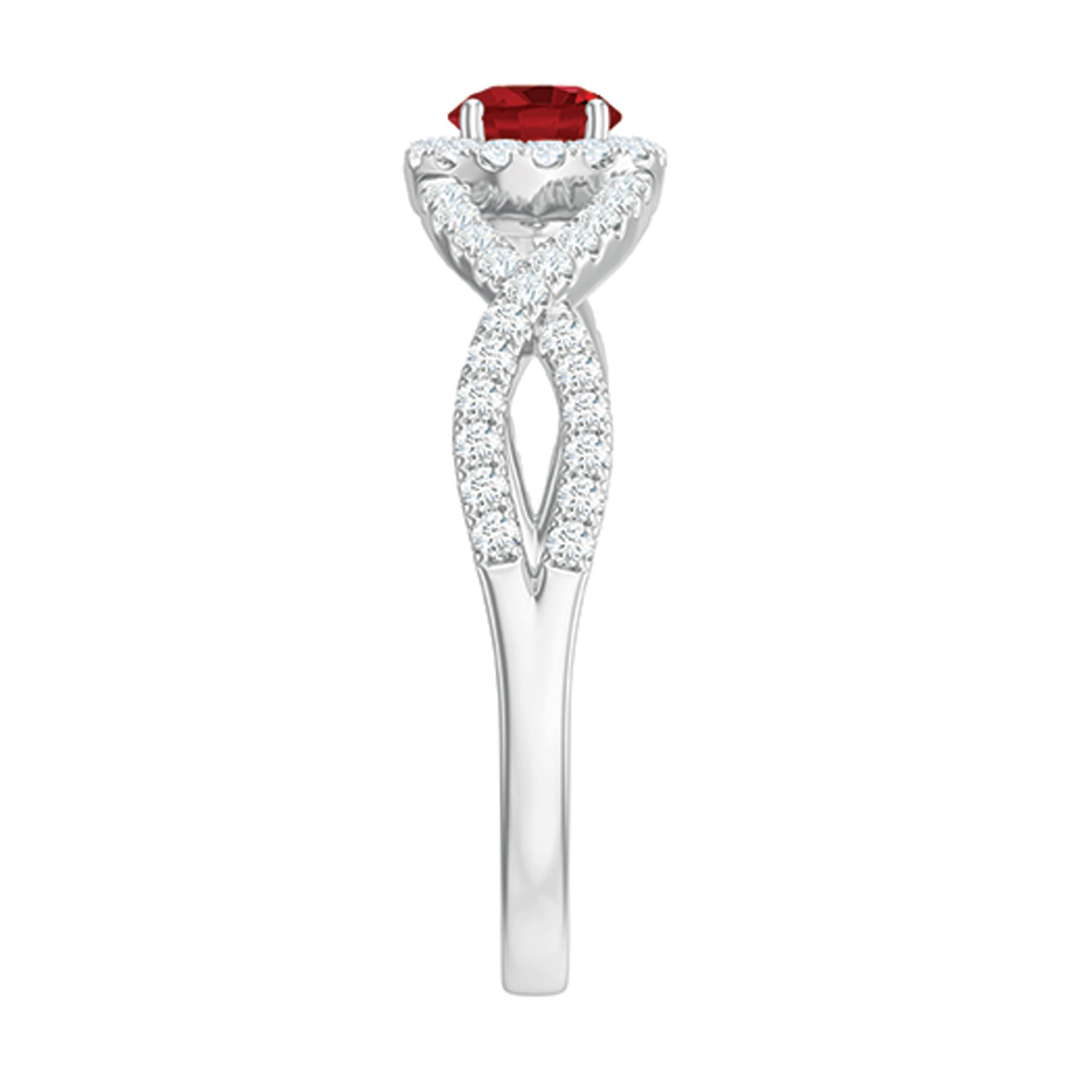 Criss Cross Shank Created Ruby and Diamond Halo Engagement Ring AAAA - Rosec Jewels