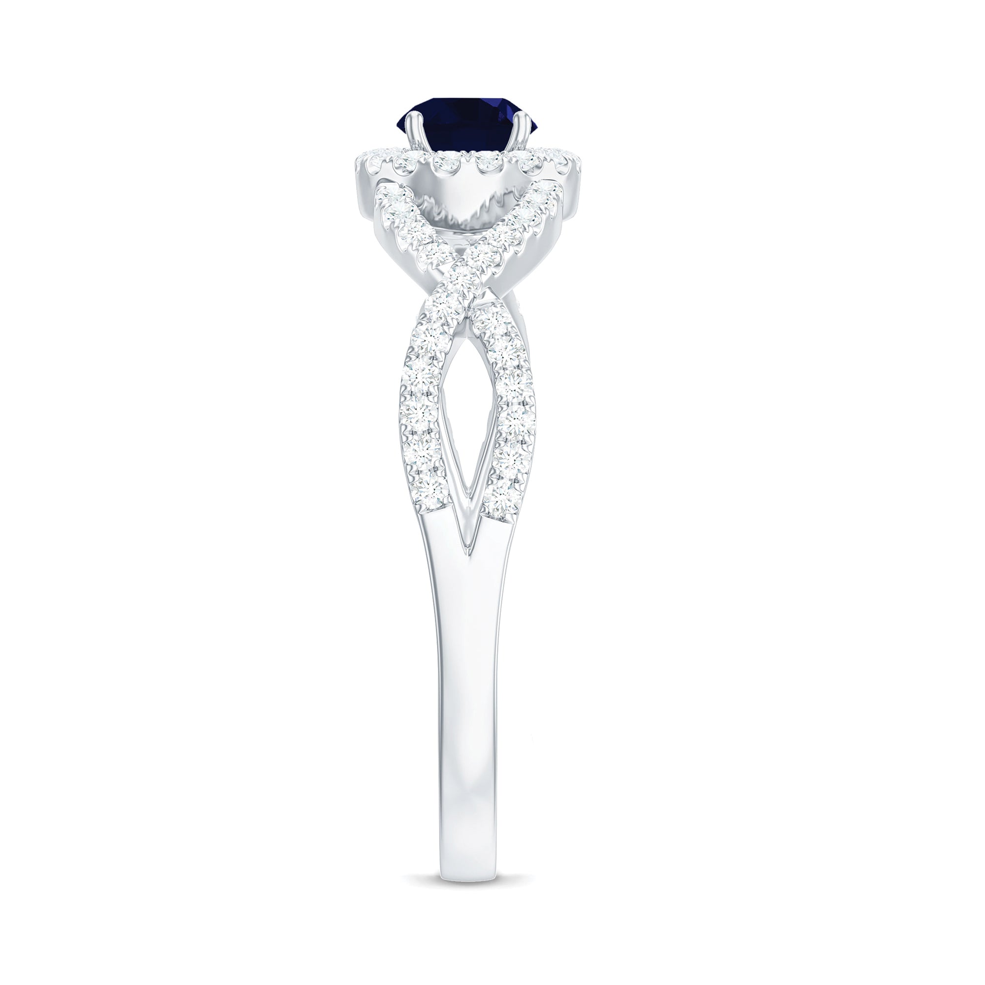 Rosec Jewels-Criss Cross Shank Blue Sapphire and Diamond Halo Engagement Ring