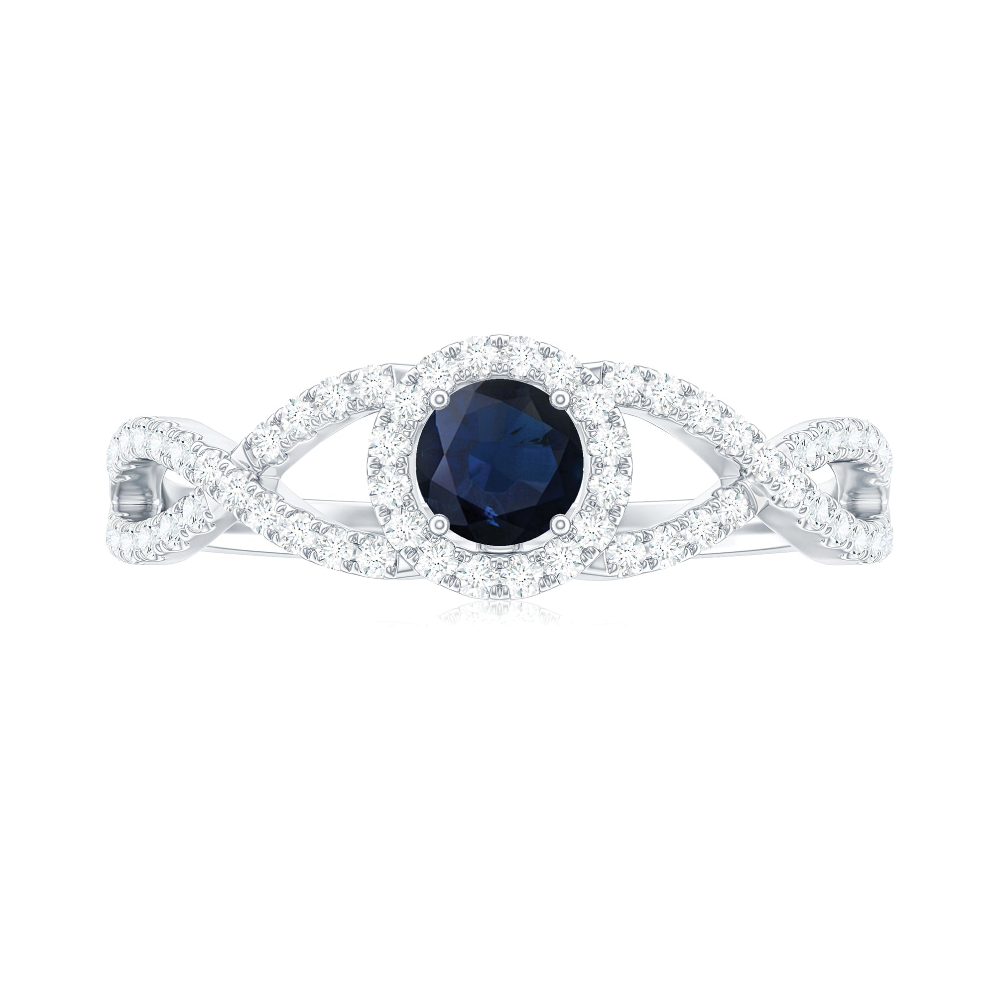 Rosec Jewels-Criss Cross Shank Blue Sapphire and Diamond Halo Engagement Ring