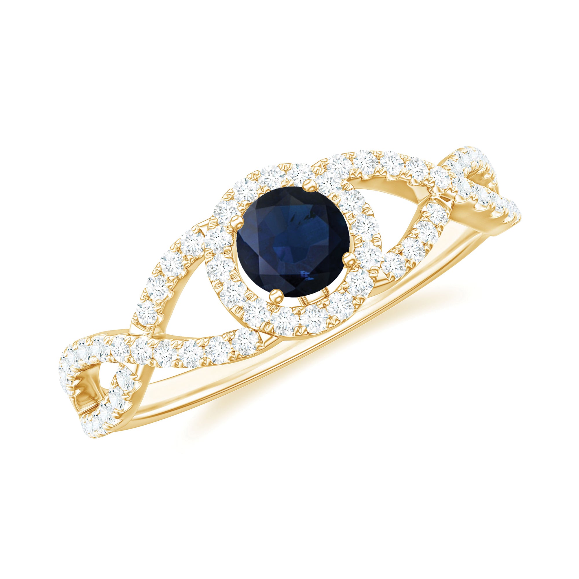 Rosec Jewels-Criss Cross Shank Blue Sapphire and Diamond Halo Engagement Ring