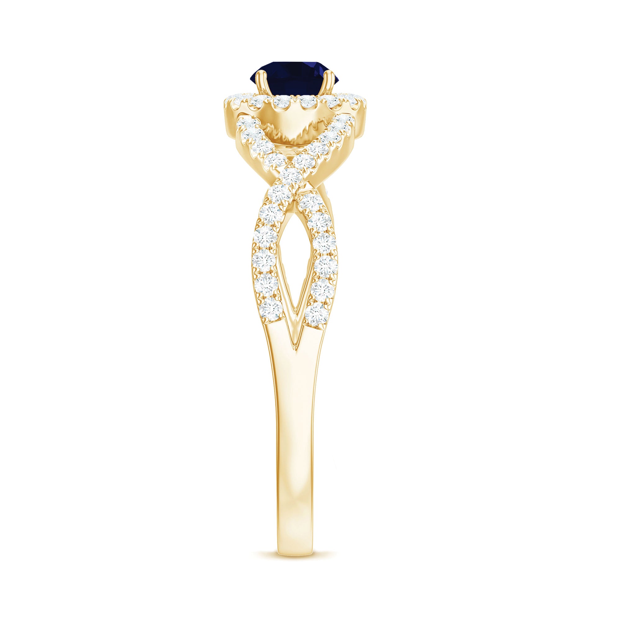 Rosec Jewels-Criss Cross Shank Blue Sapphire and Diamond Halo Engagement Ring