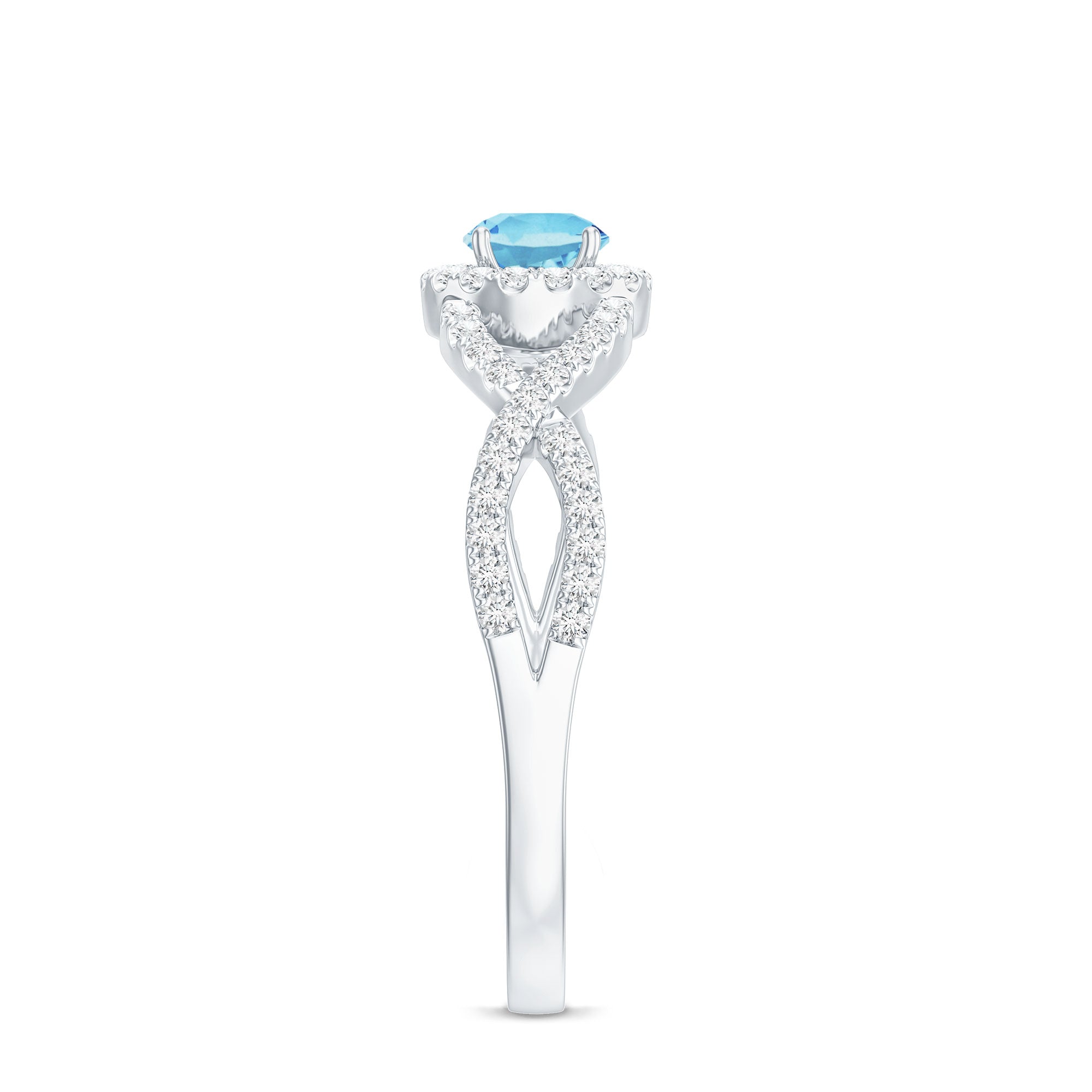 Real Aquamarine Criss Cross Engagement Ring with Diamond Halo AAA - Rosec Jewels
