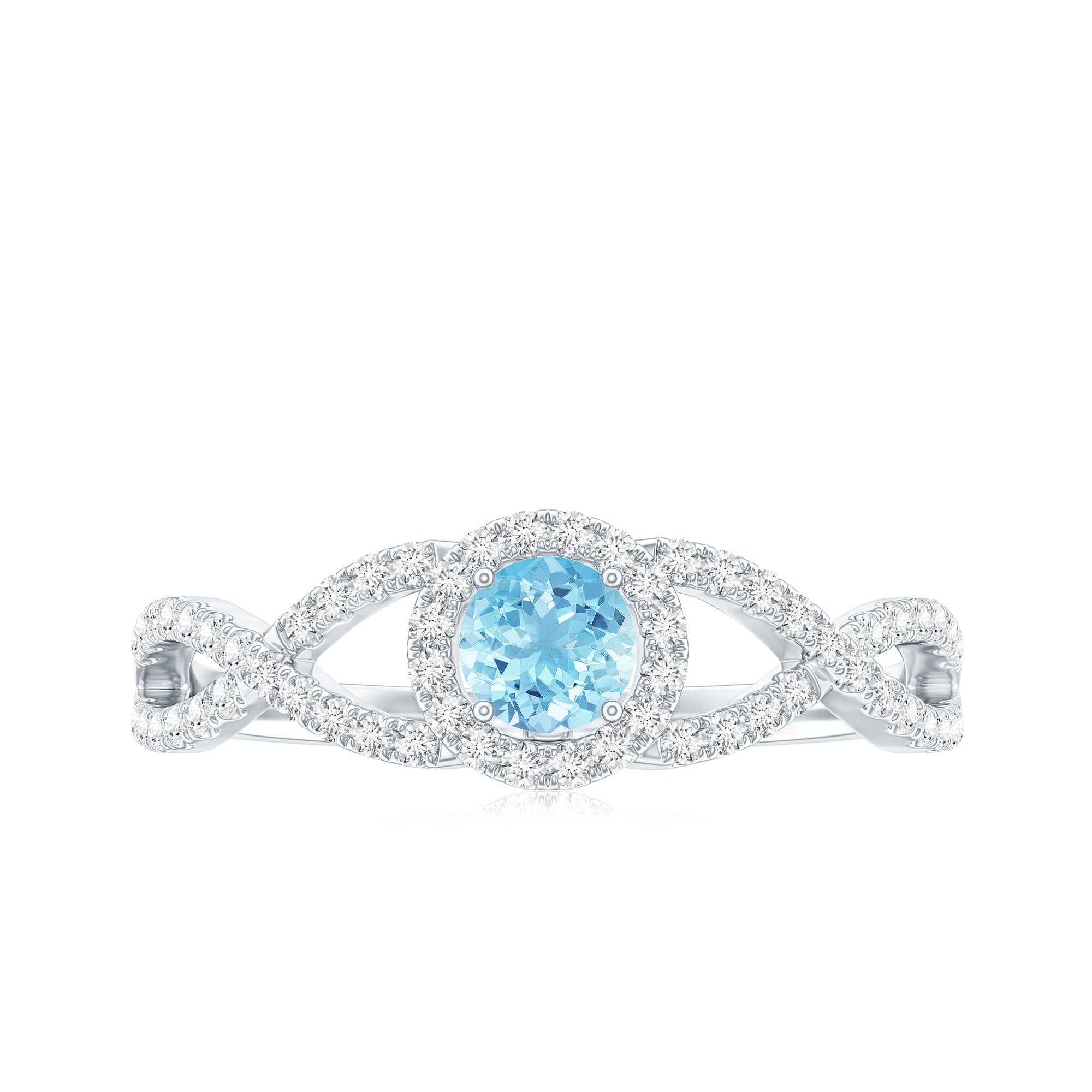 Real Aquamarine Criss Cross Engagement Ring with Diamond Halo AAA - Rosec Jewels