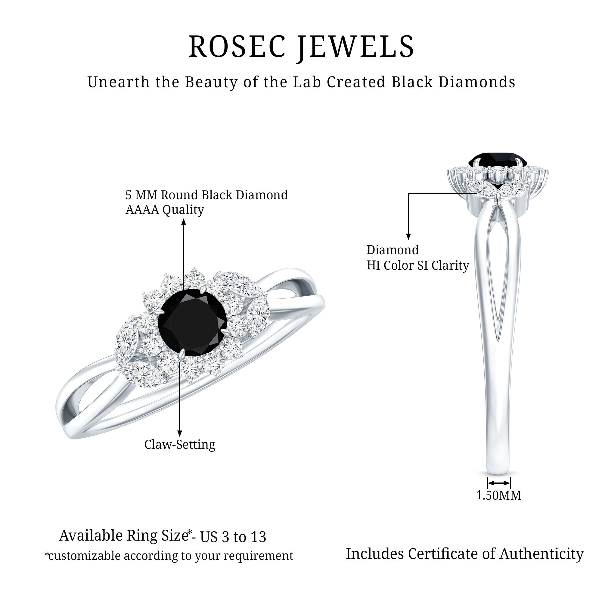 Rosec Jewels-Split Shank Created Black Diamond Flower Ring with Diamond Accent