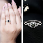 Split Shank Created Black Diamond Flower Ring with Diamond Accent AAAA ( Synthetic ) - Rosec Jewels
