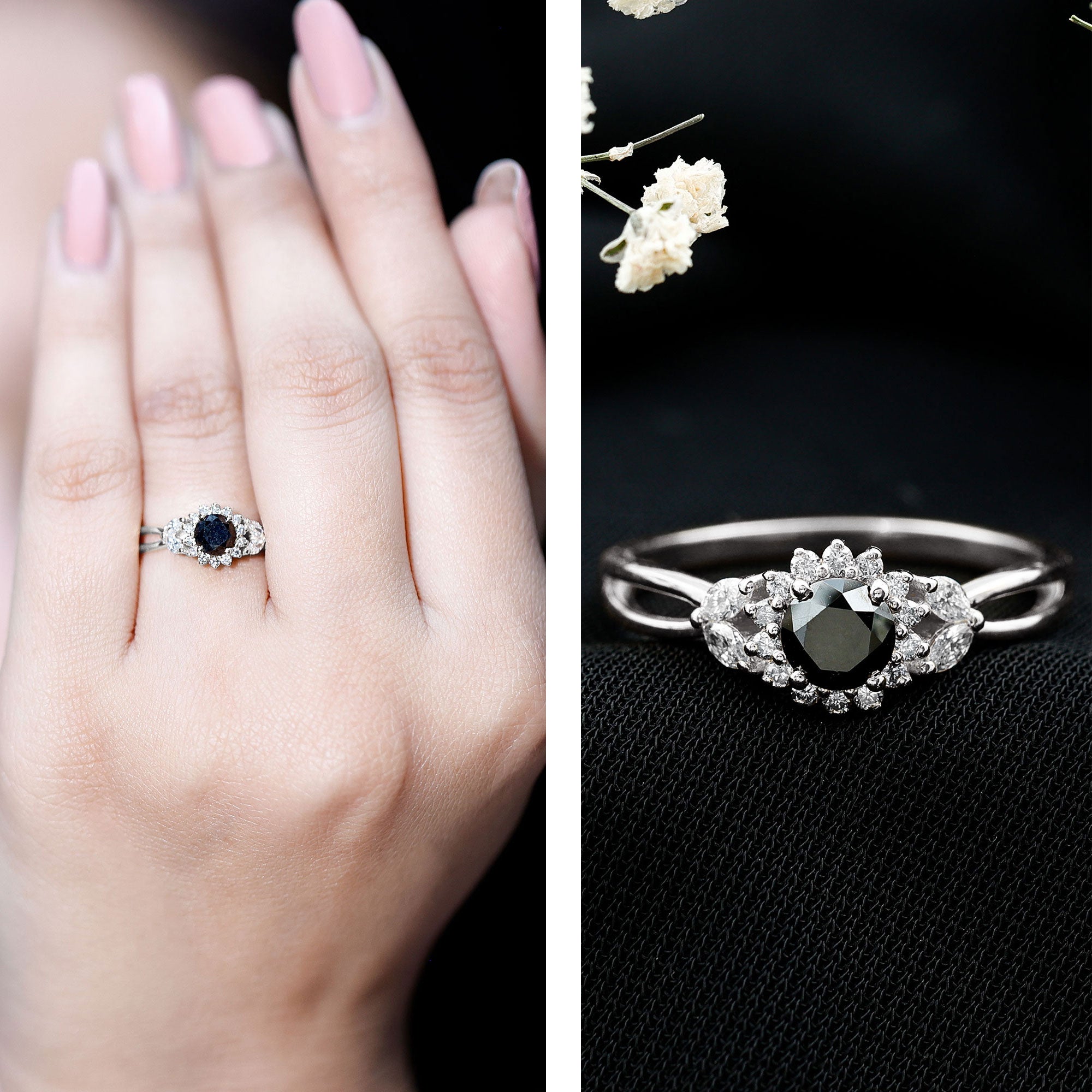 Rosec Jewels-Split Shank Created Black Diamond Flower Ring with Diamond Accent