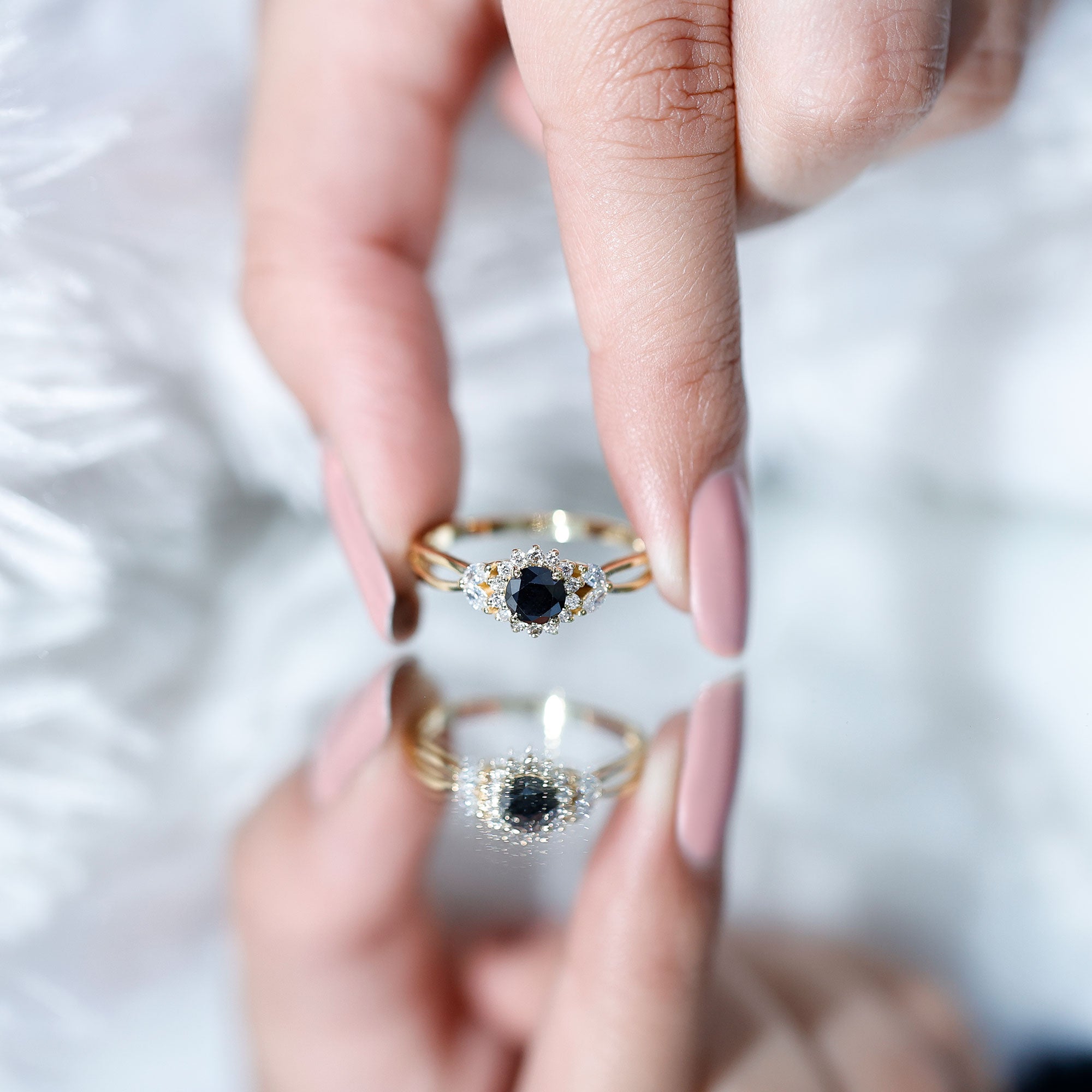 Split Shank Created Black Diamond Flower Ring with Diamond Accent AAAA ( Synthetic ) - Rosec Jewels