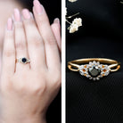 Split Shank Created Black Diamond Flower Ring with Diamond Accent AAAA ( Synthetic ) - Rosec Jewels