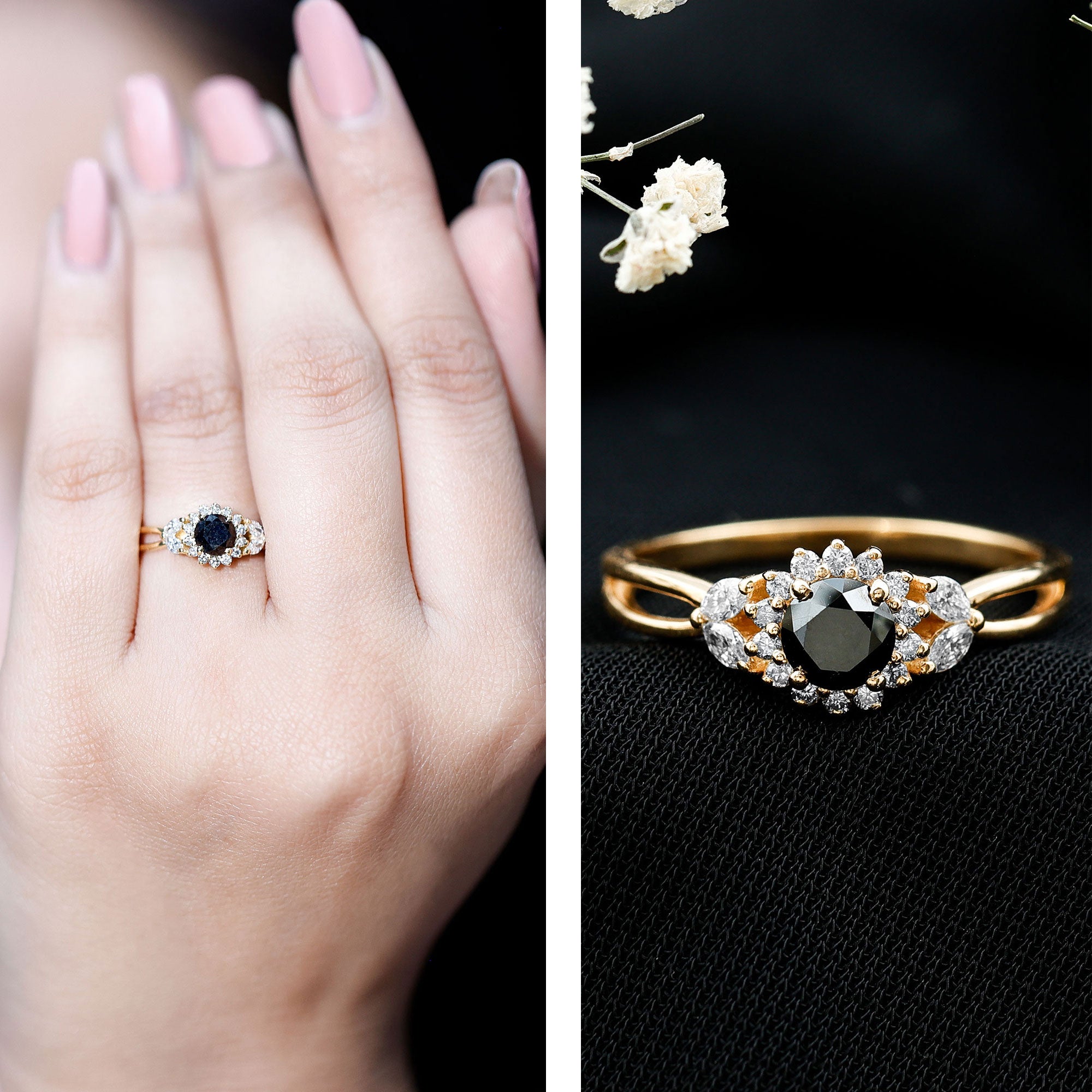 Split Shank Created Black Diamond Flower Ring with Diamond Accent AAAA ( Synthetic ) - Rosec Jewels