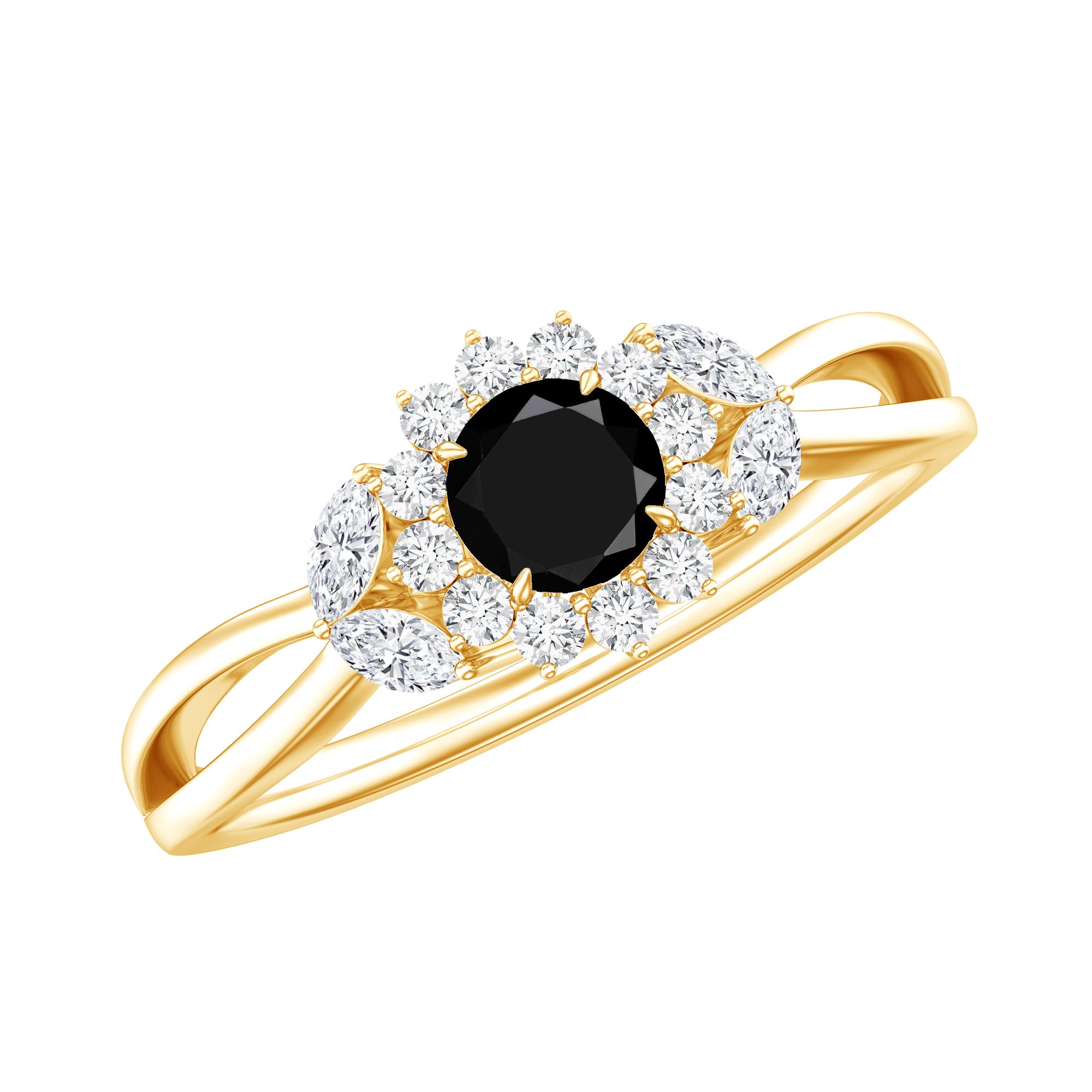 Natural Black Onyx and Diamond Floral Engagement Ring AAA - Rosec Jewels