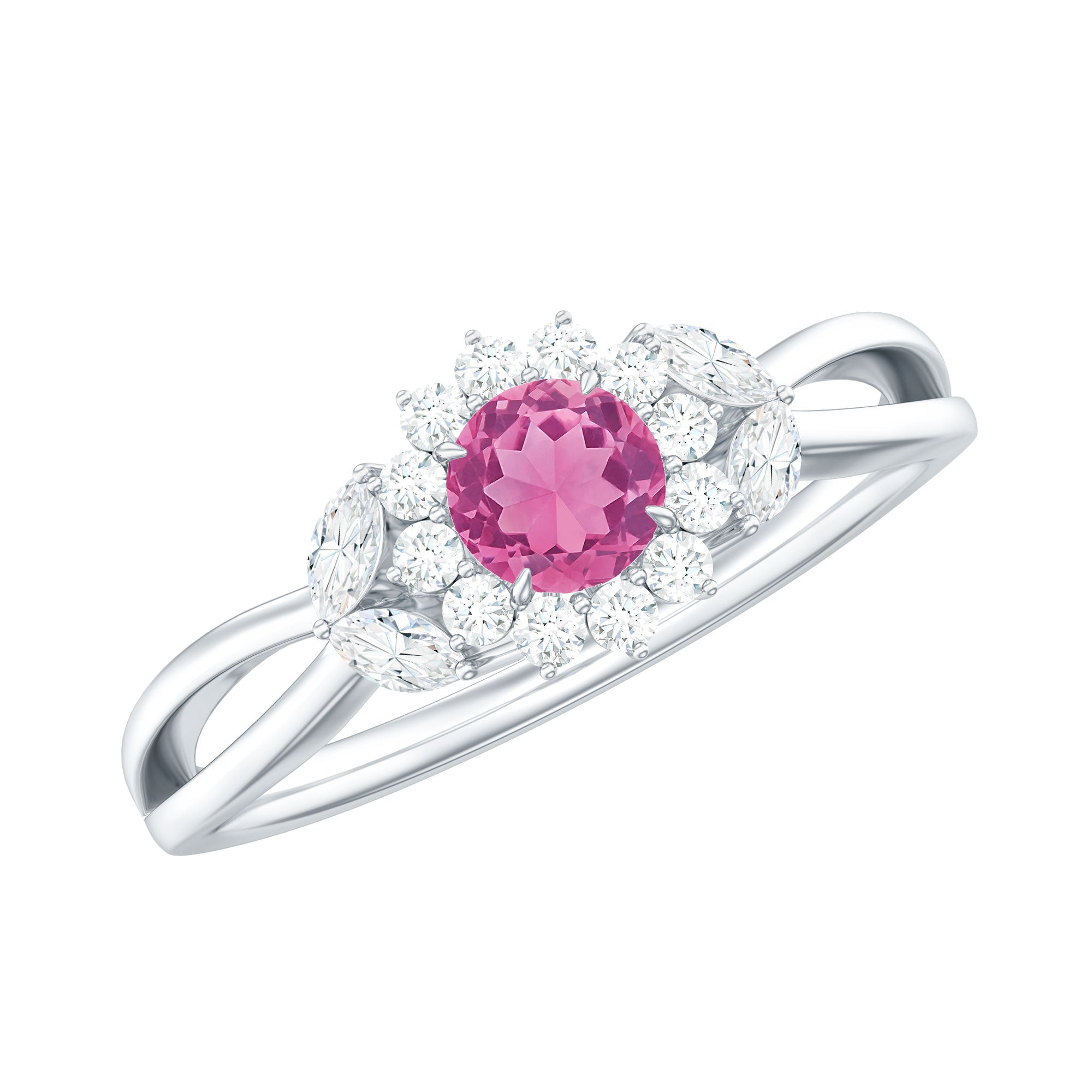 Pink Tourmaline and Diamond Flower Engagement Ring with Split Shank