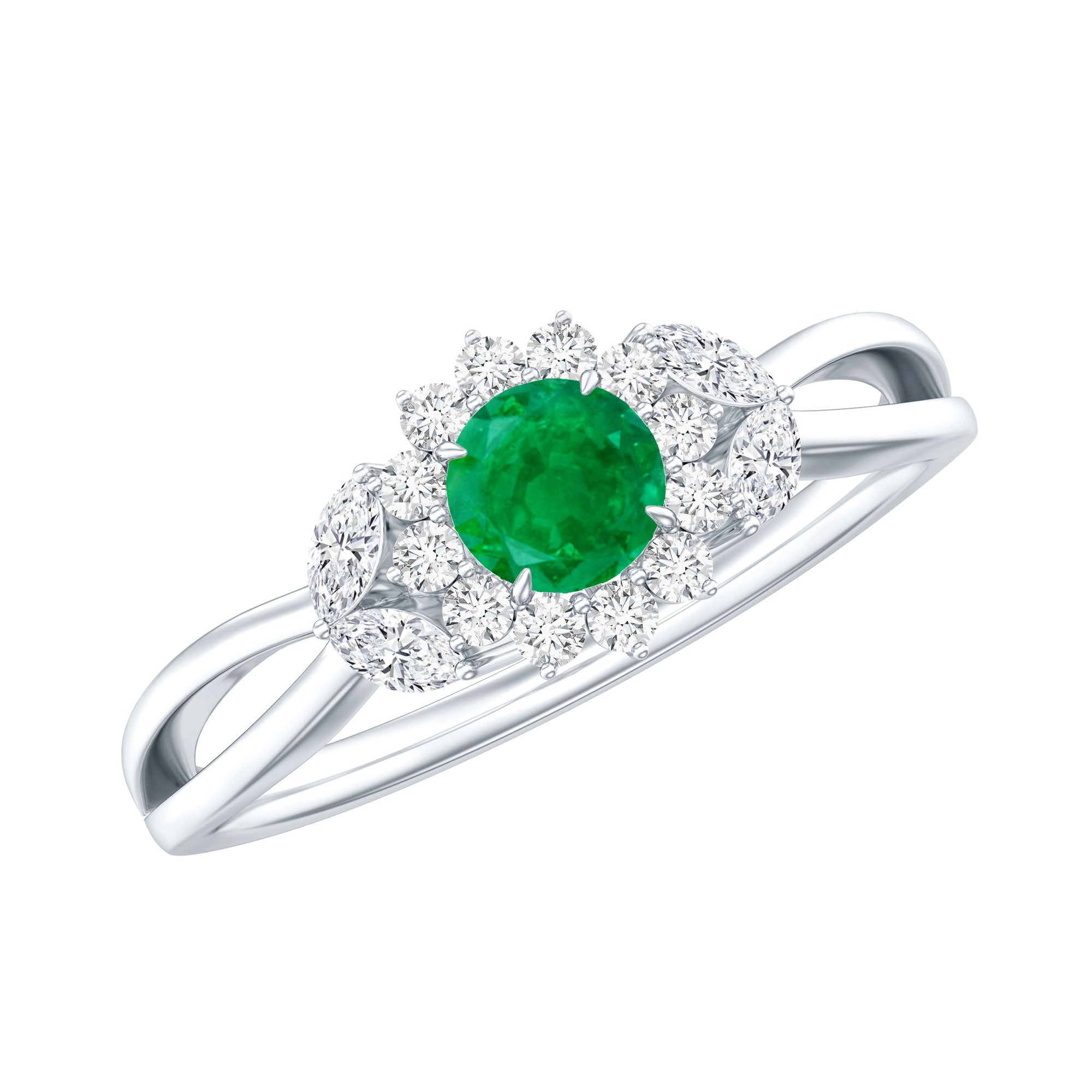 Rosec Jewels-Real Emerald and Diamond Flower Engagement Ring with Split Shank