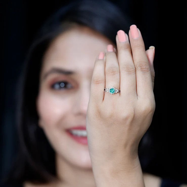 Rosec Jewels-Real Emerald and Diamond Flower Engagement Ring with Split Shank