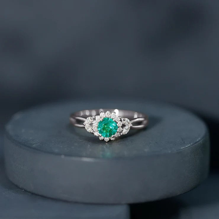 Rosec Jewels-Real Emerald and Diamond Flower Engagement Ring with Split Shank