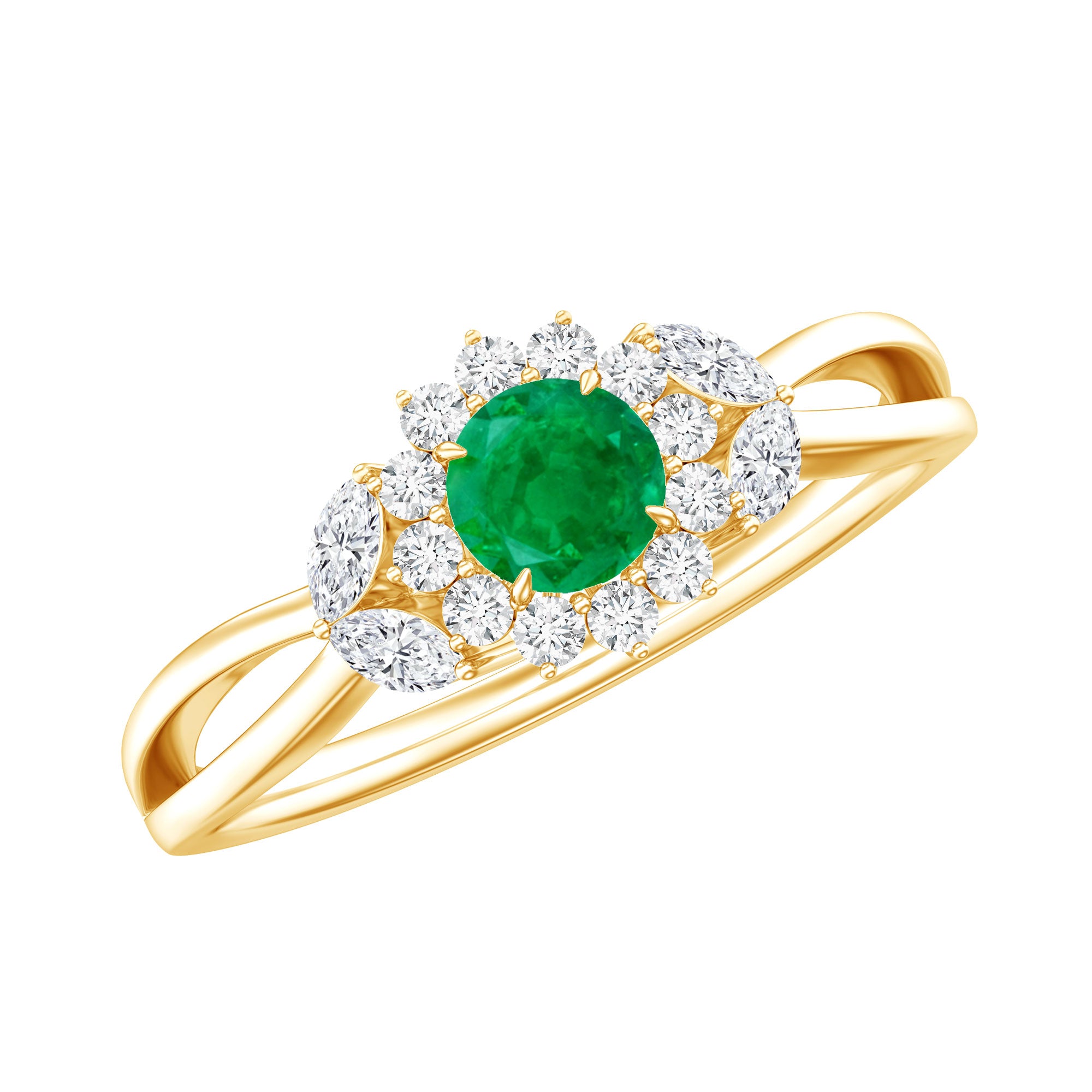 Rosec Jewels-Real Emerald and Diamond Flower Engagement Ring with Split Shank