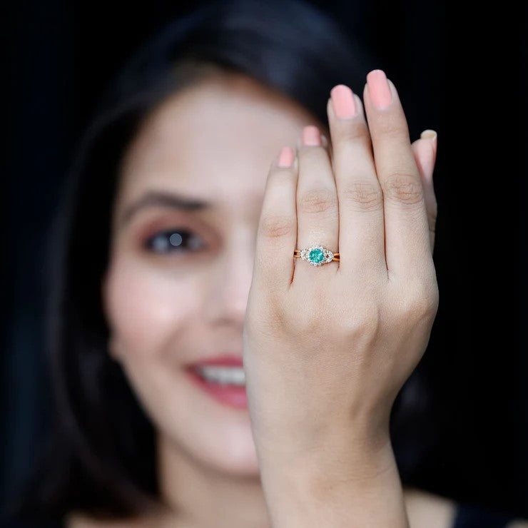 Rosec Jewels-Real Emerald and Diamond Flower Engagement Ring with Split Shank