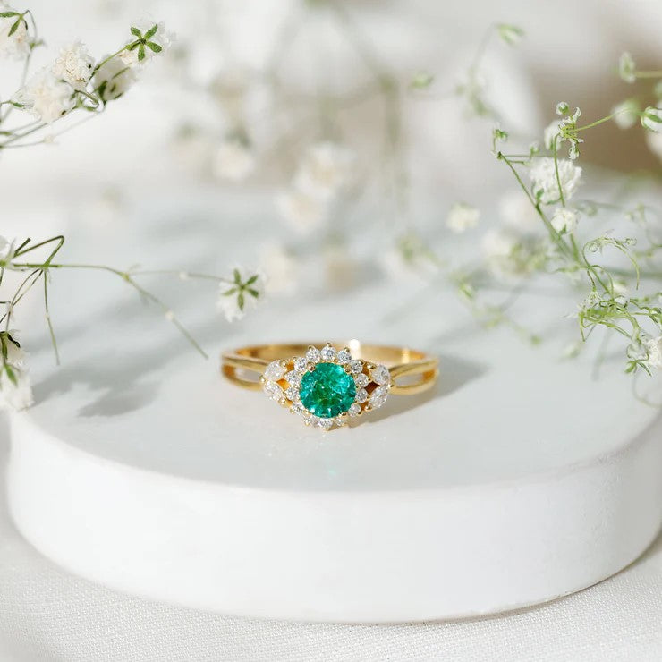 Rosec Jewels-Real Emerald and Diamond Flower Engagement Ring with Split Shank