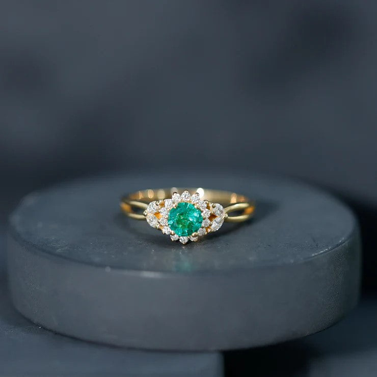 Rosec Jewels-Real Emerald and Diamond Flower Engagement Ring with Split Shank