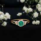 Rosec Jewels-Real Emerald and Diamond Flower Engagement Ring with Split Shank