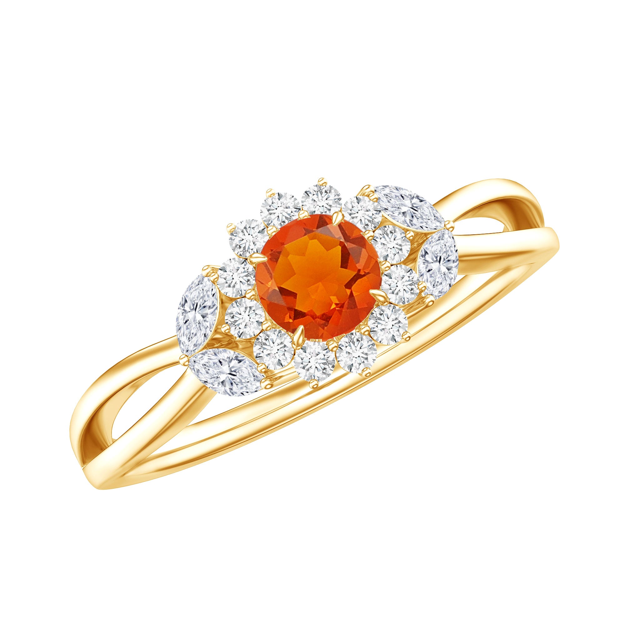 Rosec Jewels-Fire Opal and Diamond Flower Engagement Ring with Split Shank