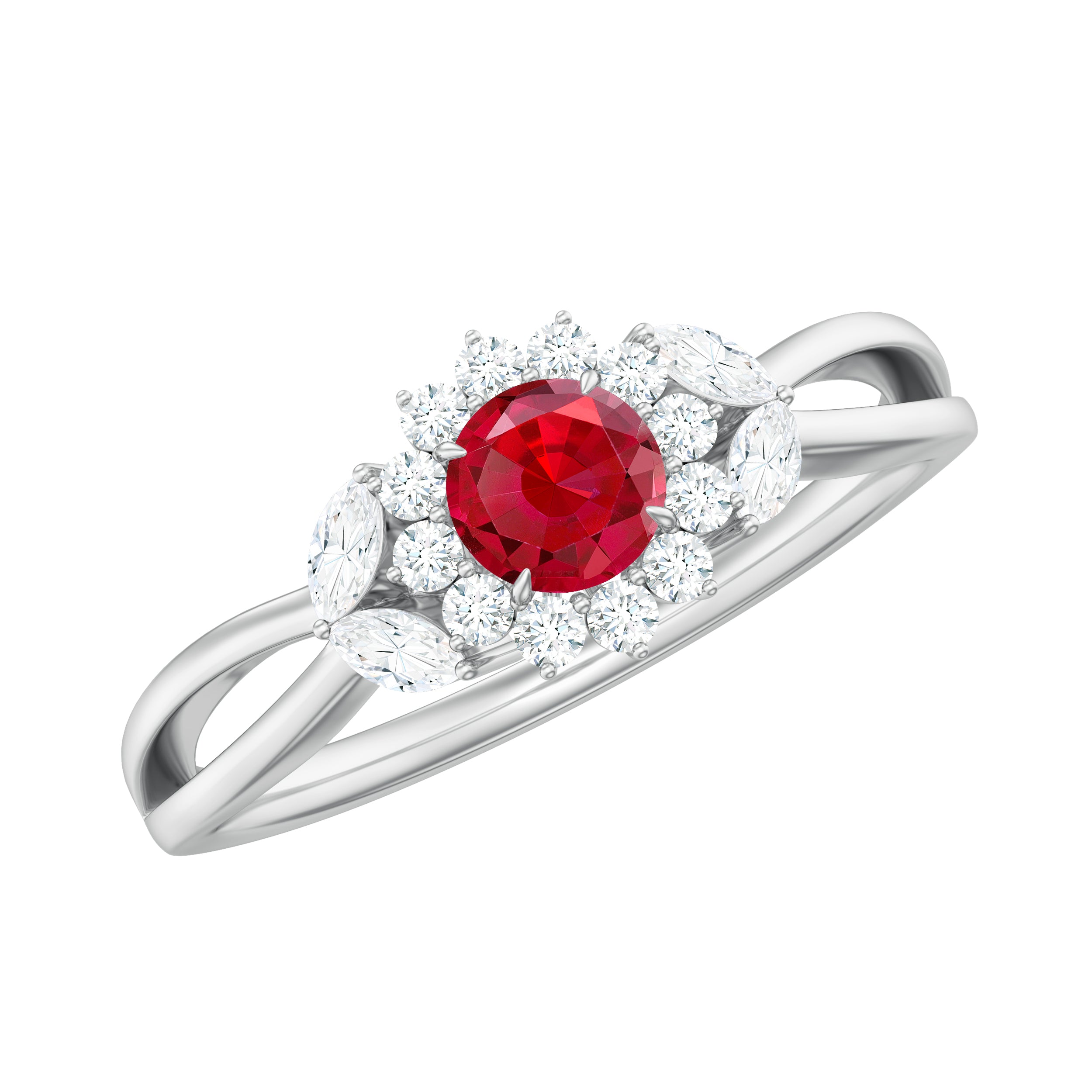 Lab Ruby and Diamond Flower Engagement Ring in Split Shank AAAA - Rosec Jewels