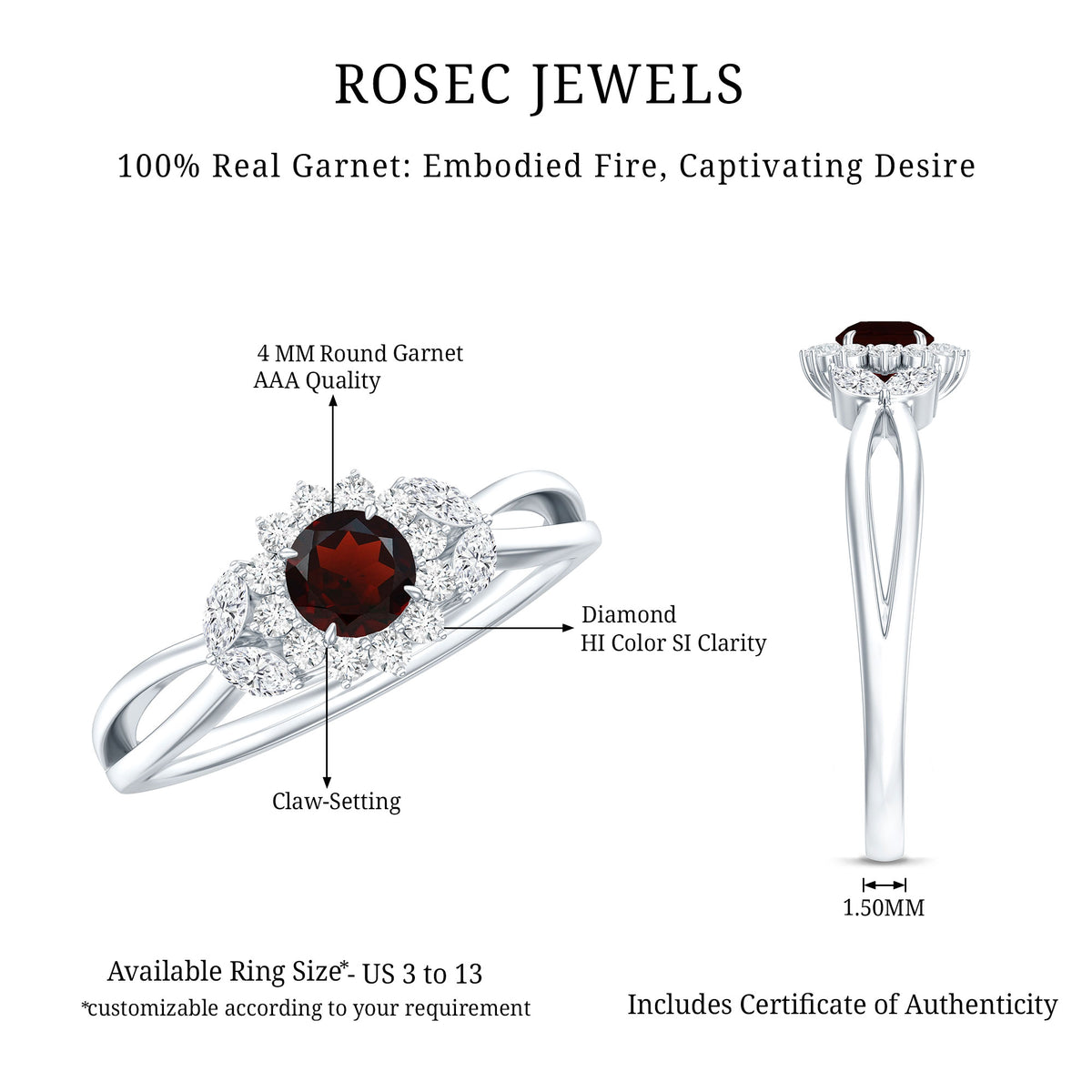 Natural Garnet Diamond Flower Engagement Ring with Split Shank AAA - Rosec Jewels