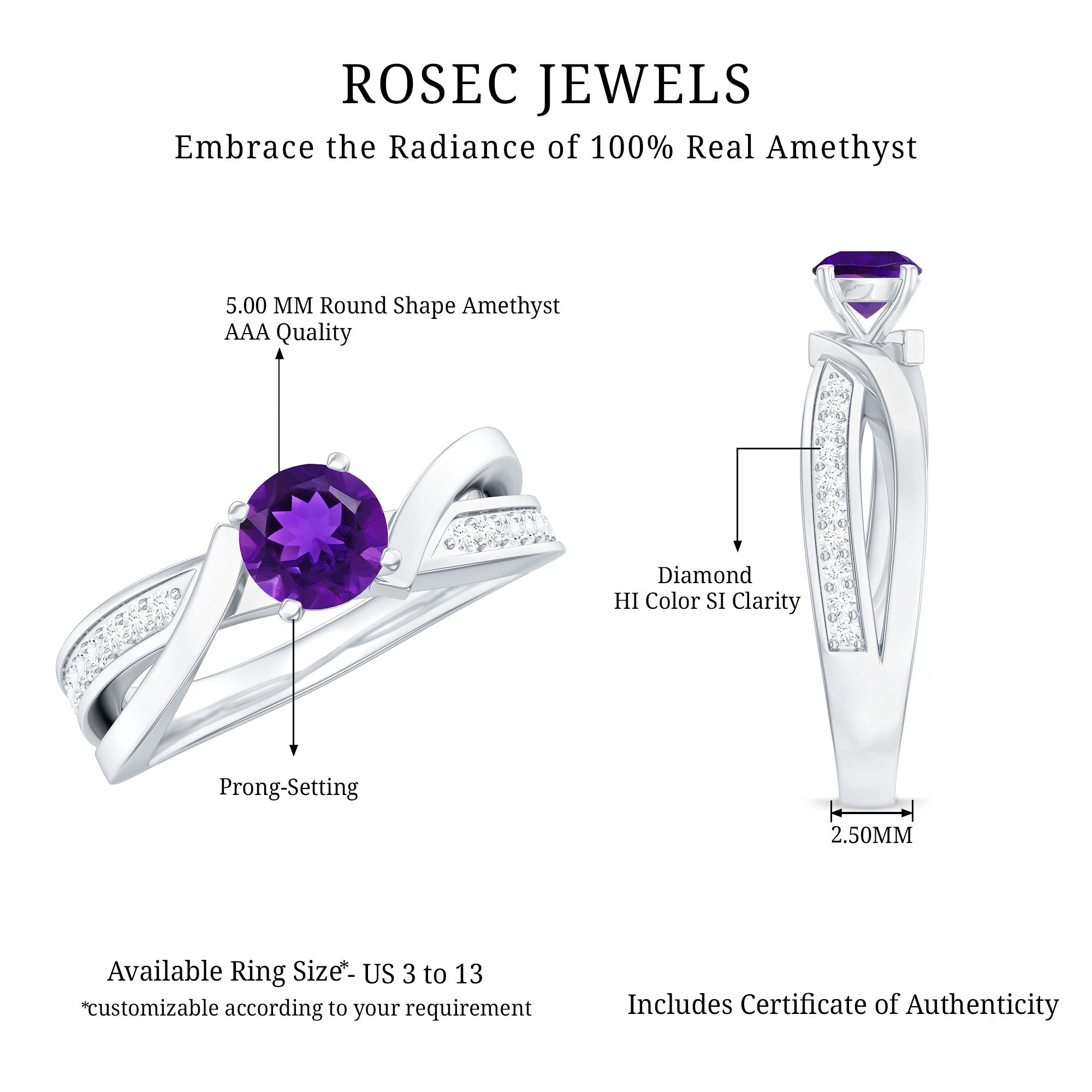 Real Amethyst Engagement Ring with Diamond Infinity Shank AAA - Rosec Jewels