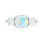 Genuine Cushion Cut Ethiopian Opal 3 Stone Engagement Ring with Moissanite AAA - Rosec Jewels
