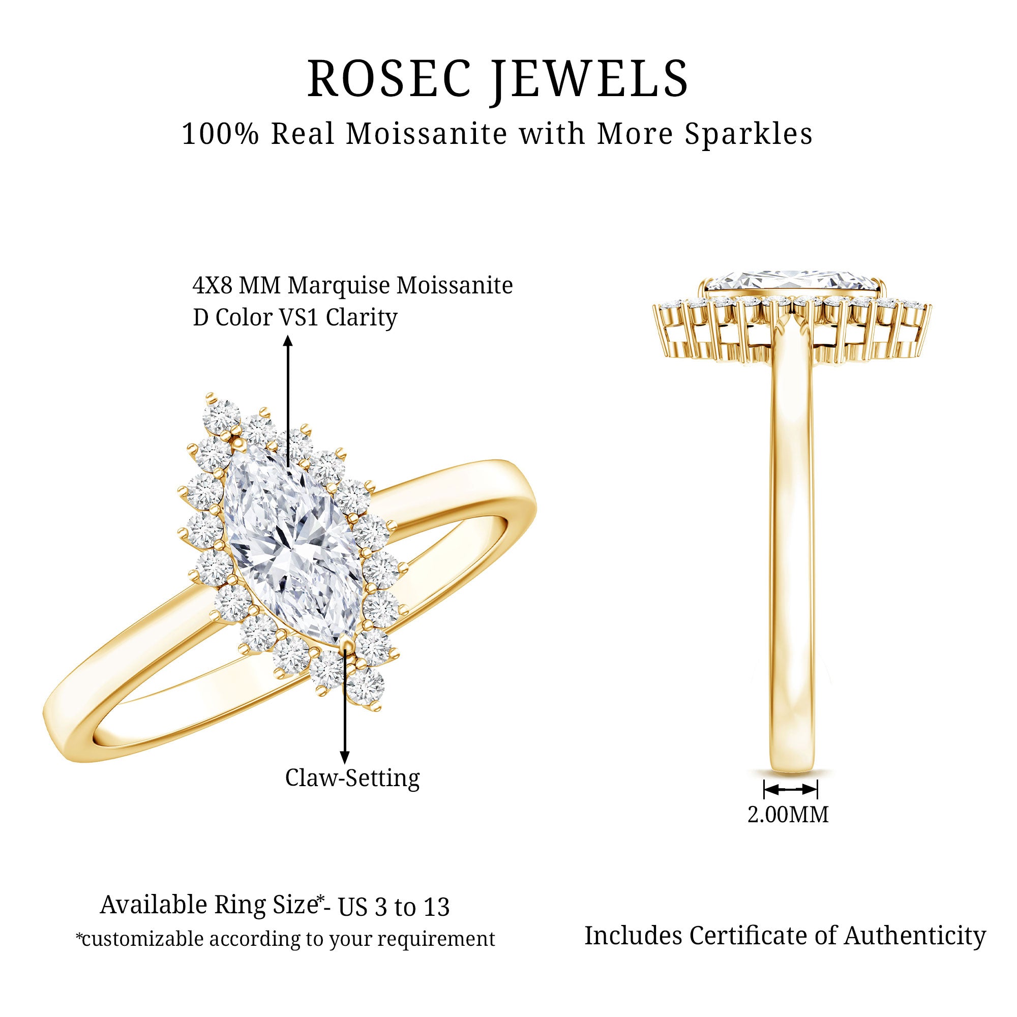 Certified Brilliant Cut Moissanite Marquise Engagement Ring D-VS1 - Rosec Jewels