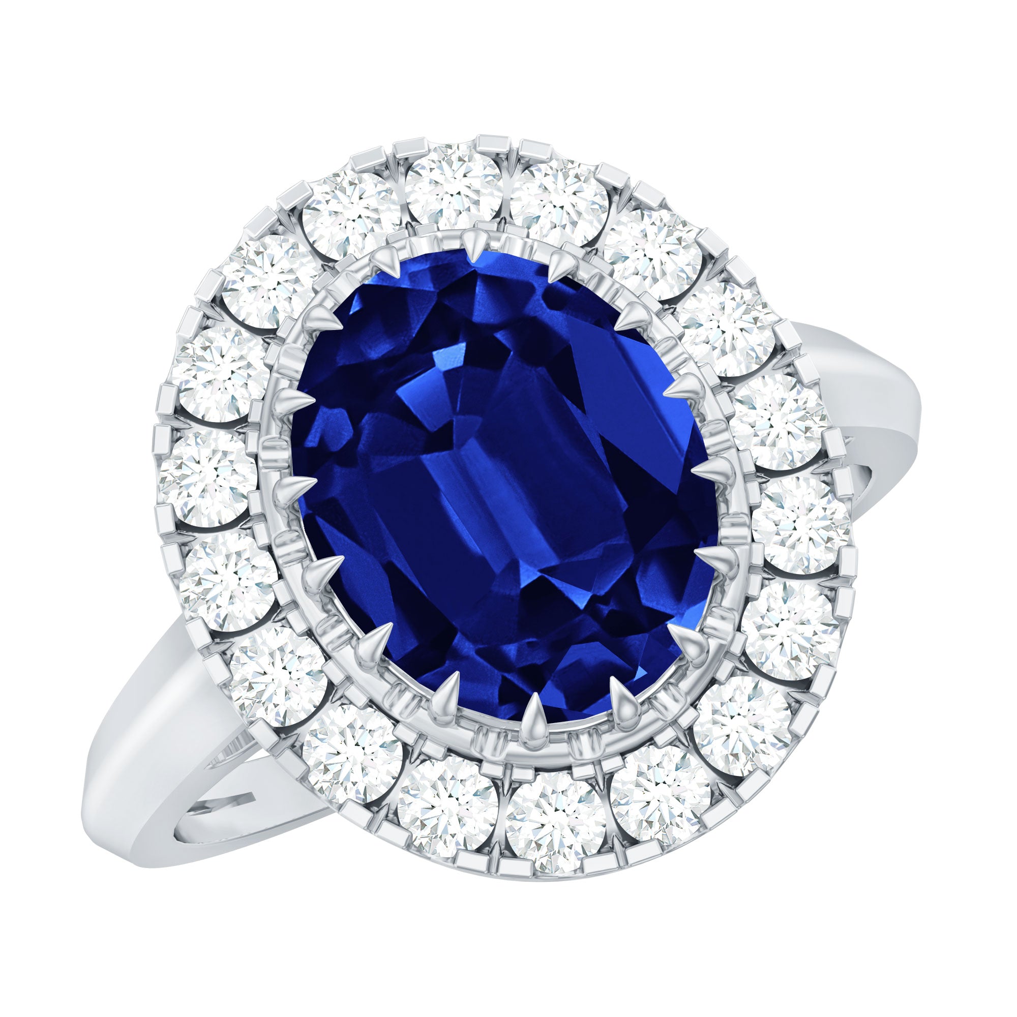 Vintage Style Oval Created Blue Sapphire and Diamond Crown Engagement Ring