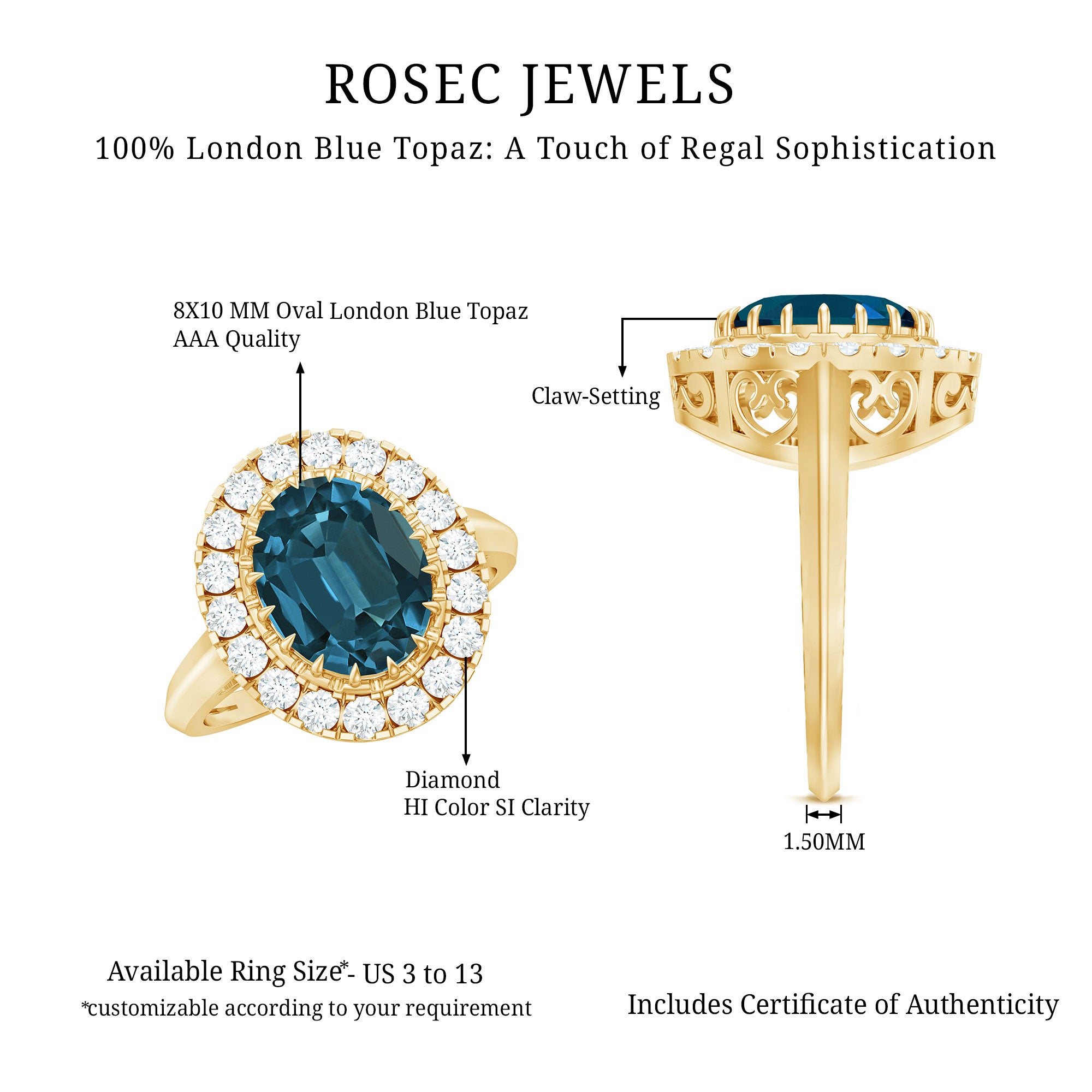 Genuine London Blue Topaz Statement Engagement Ring with Diamond AAA - Rosec Jewels