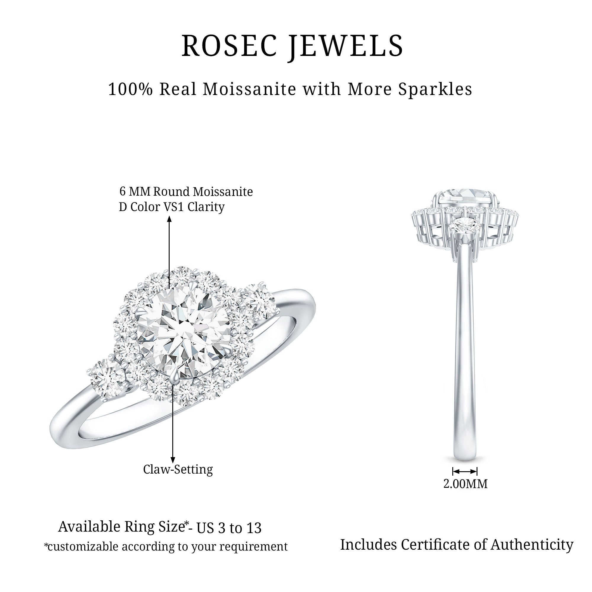 Rosec Jewels-Round Cut Moissanite Halo Engagement Ring with Certificate