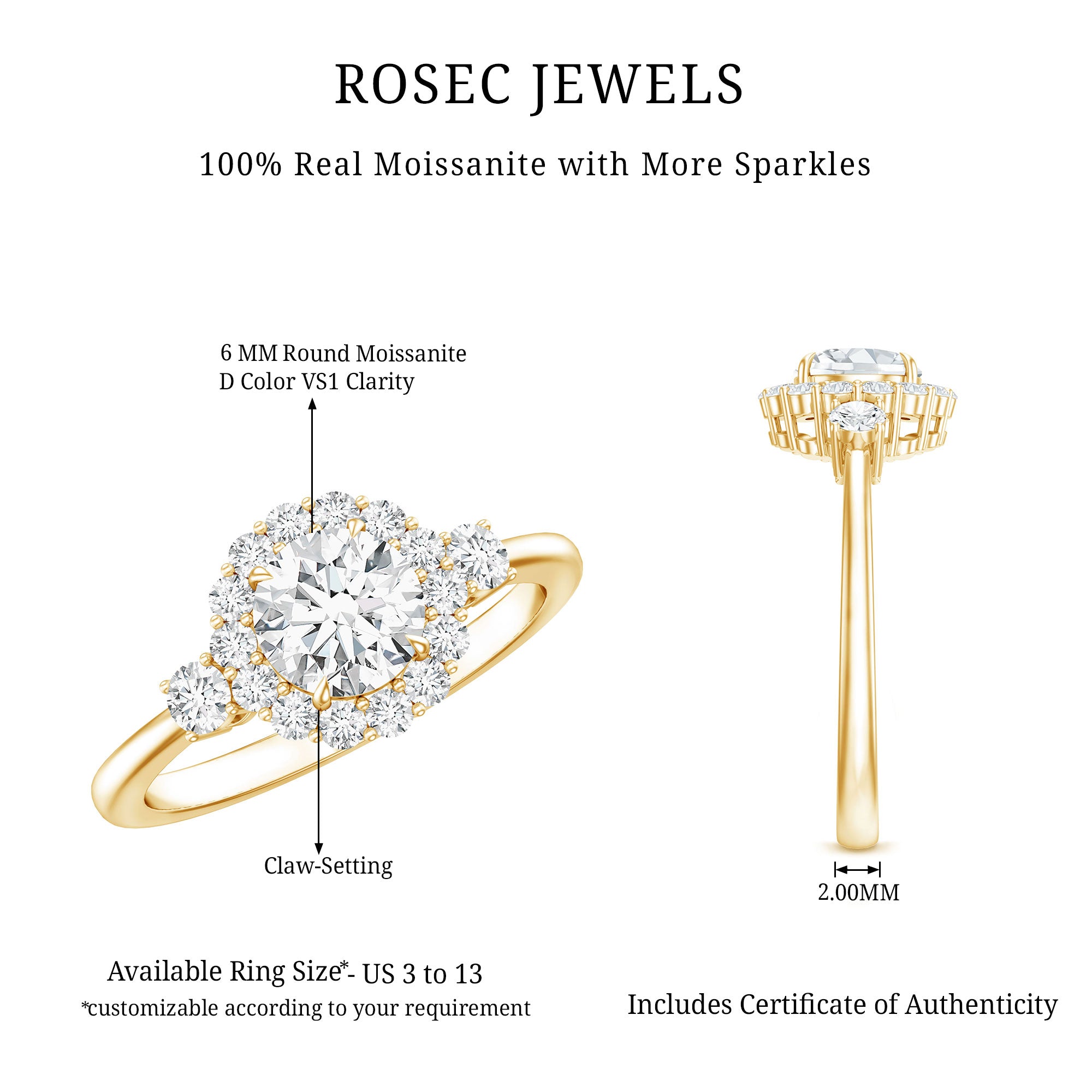 Rosec Jewels-Round Cut Moissanite Halo Engagement Ring with Certificate