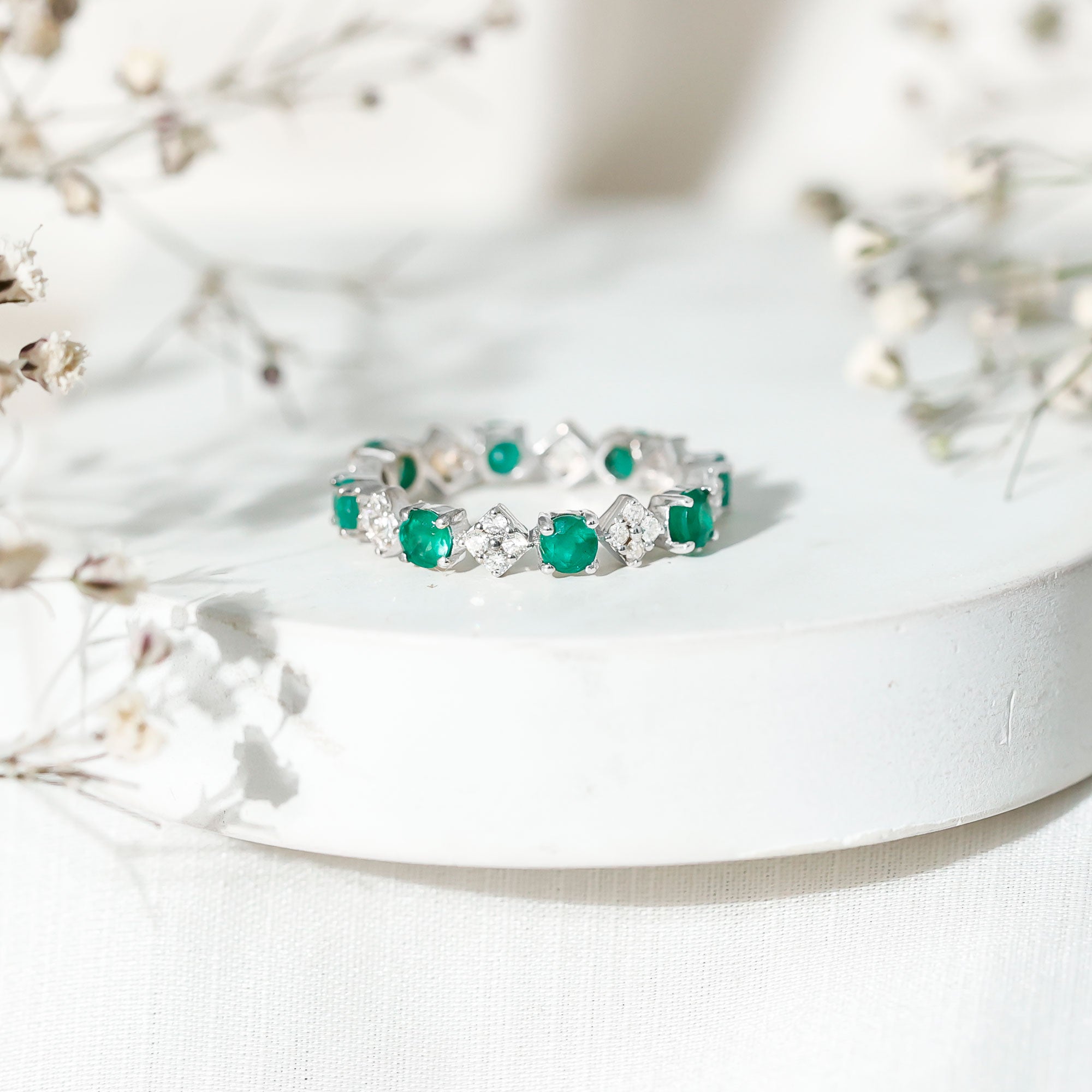 Rosec Jewels-Genuine Emerald and Diamond Eternity Wedding Band