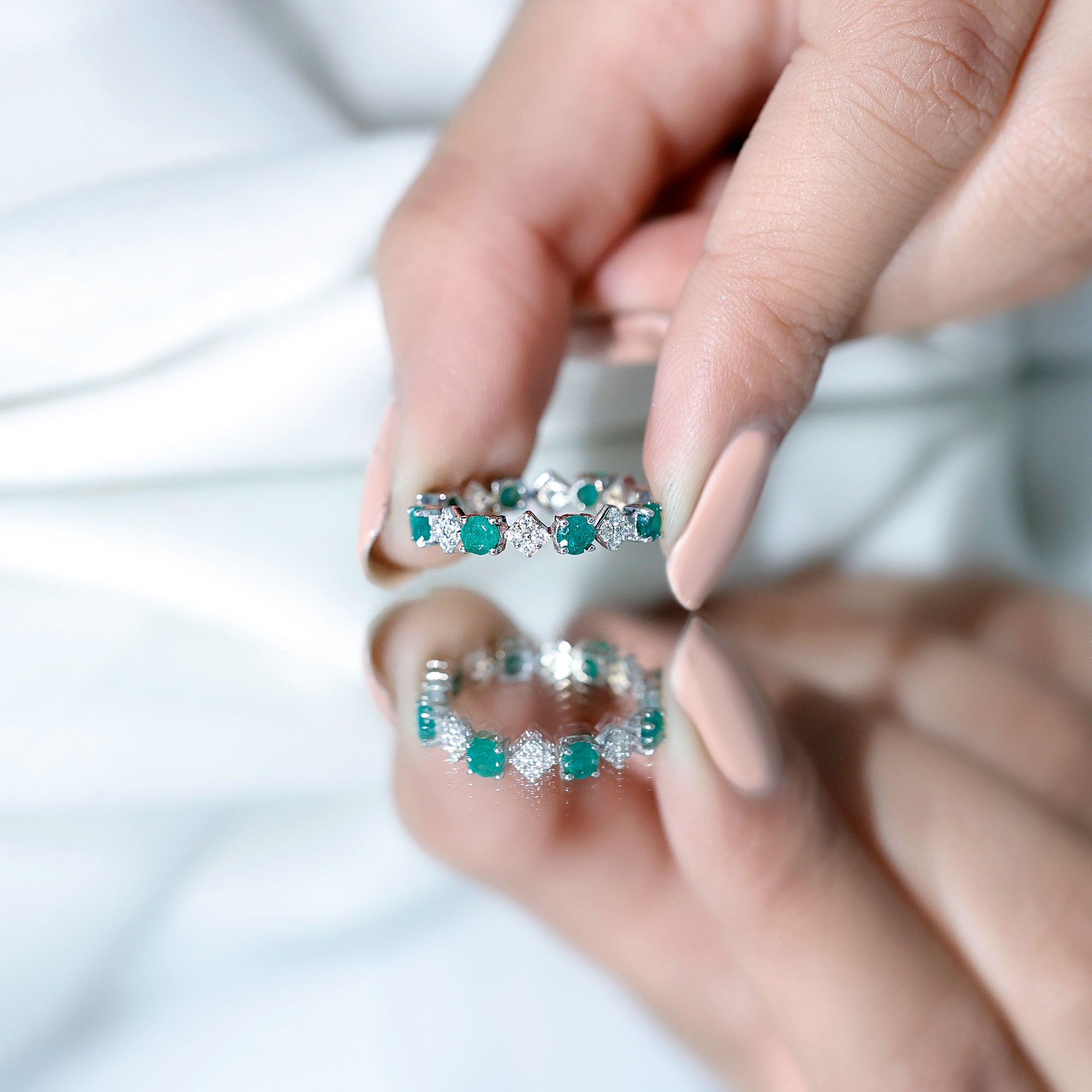 Rosec Jewels-Genuine Emerald and Diamond Eternity Wedding Band