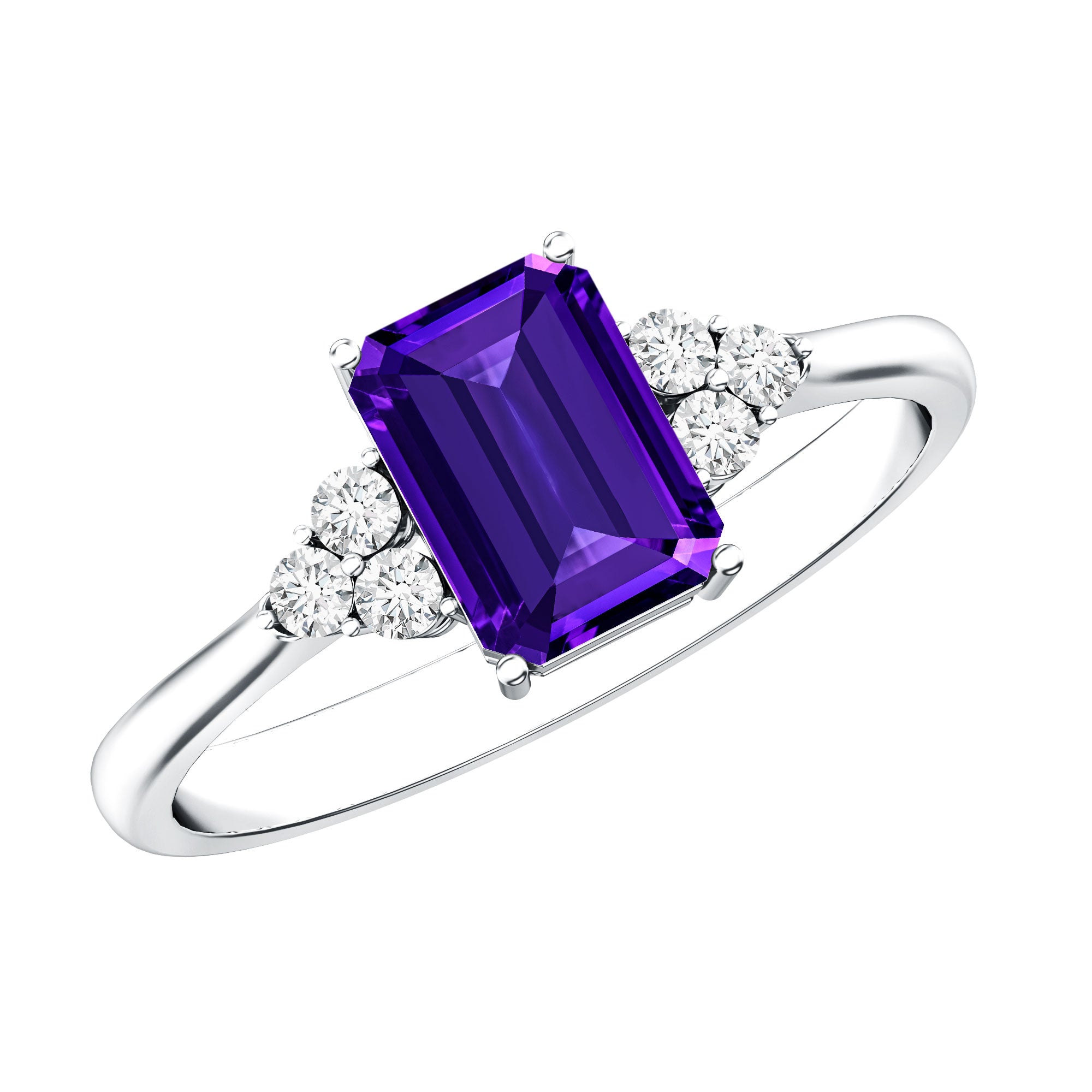 Rosec Jewels-Real 1.4 Carat Amethyst Emerald Cut Engagement Ring with Diamond Trio