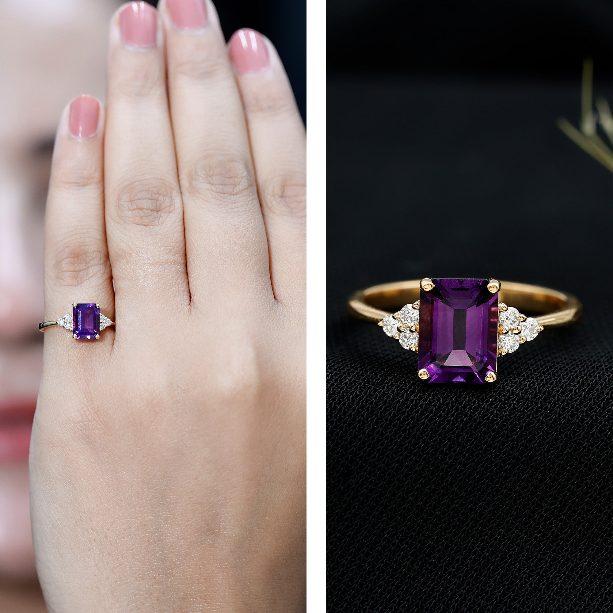 Rosec Jewels-Real 1.4 Carat Amethyst Emerald Cut Engagement Ring with Diamond Trio